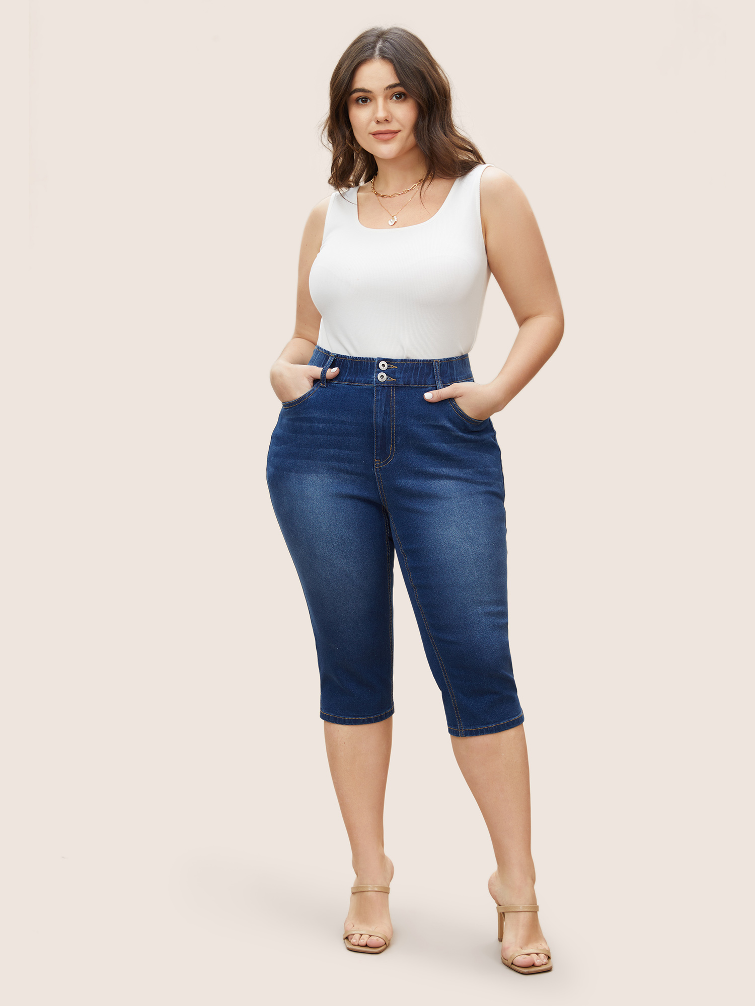 Plus Size Dark Wash Elastic Waist Split Side Jeans Women Blue Casual Slit High stretch Slanted pocket Jeans BloomChic 28/5X 