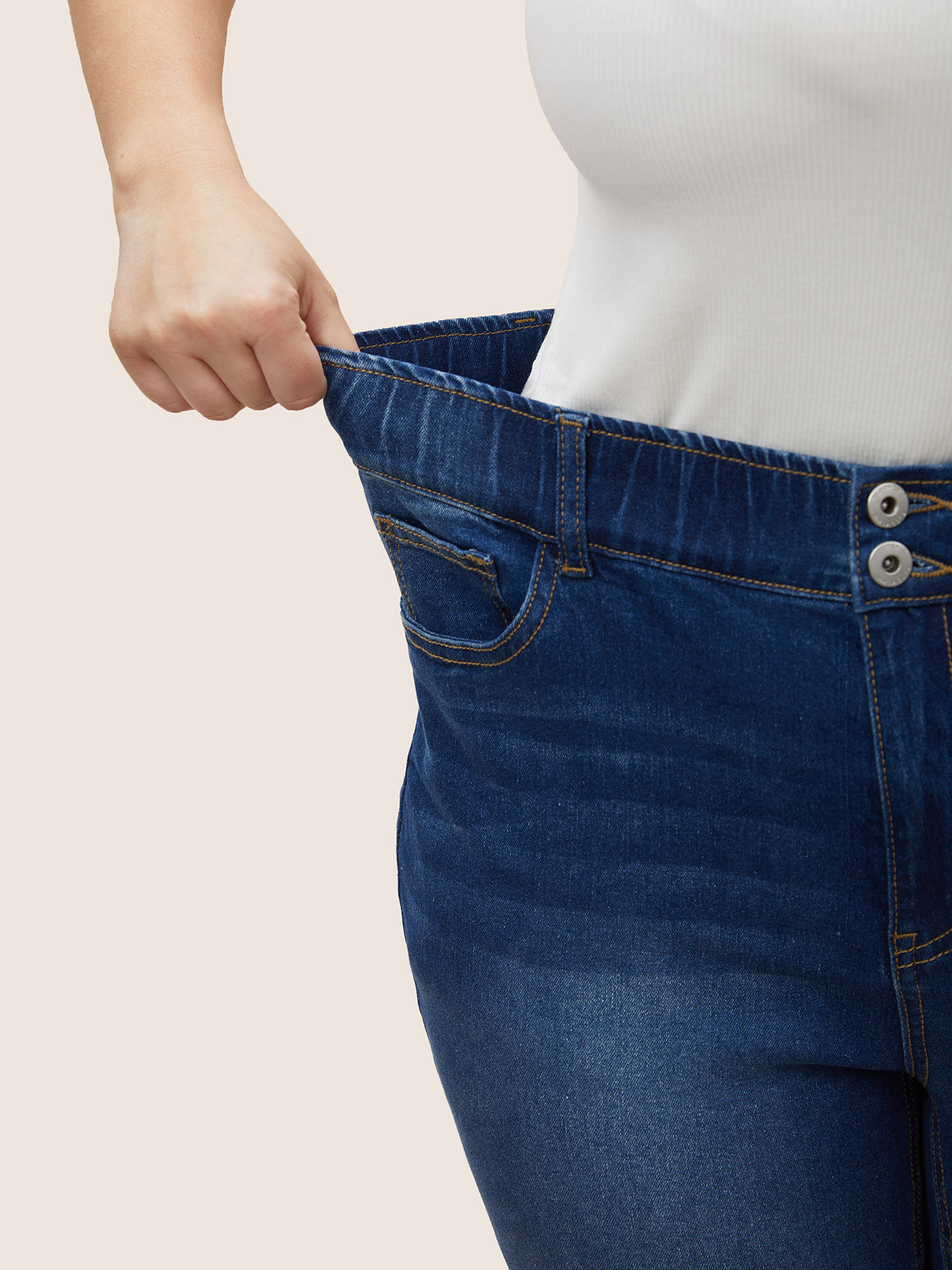 Plus Size Dark Wash Elastic Waist Split Side Jeans Women Blue Casual Slit High stretch Slanted pocket Jeans BloomChic 28/5X 