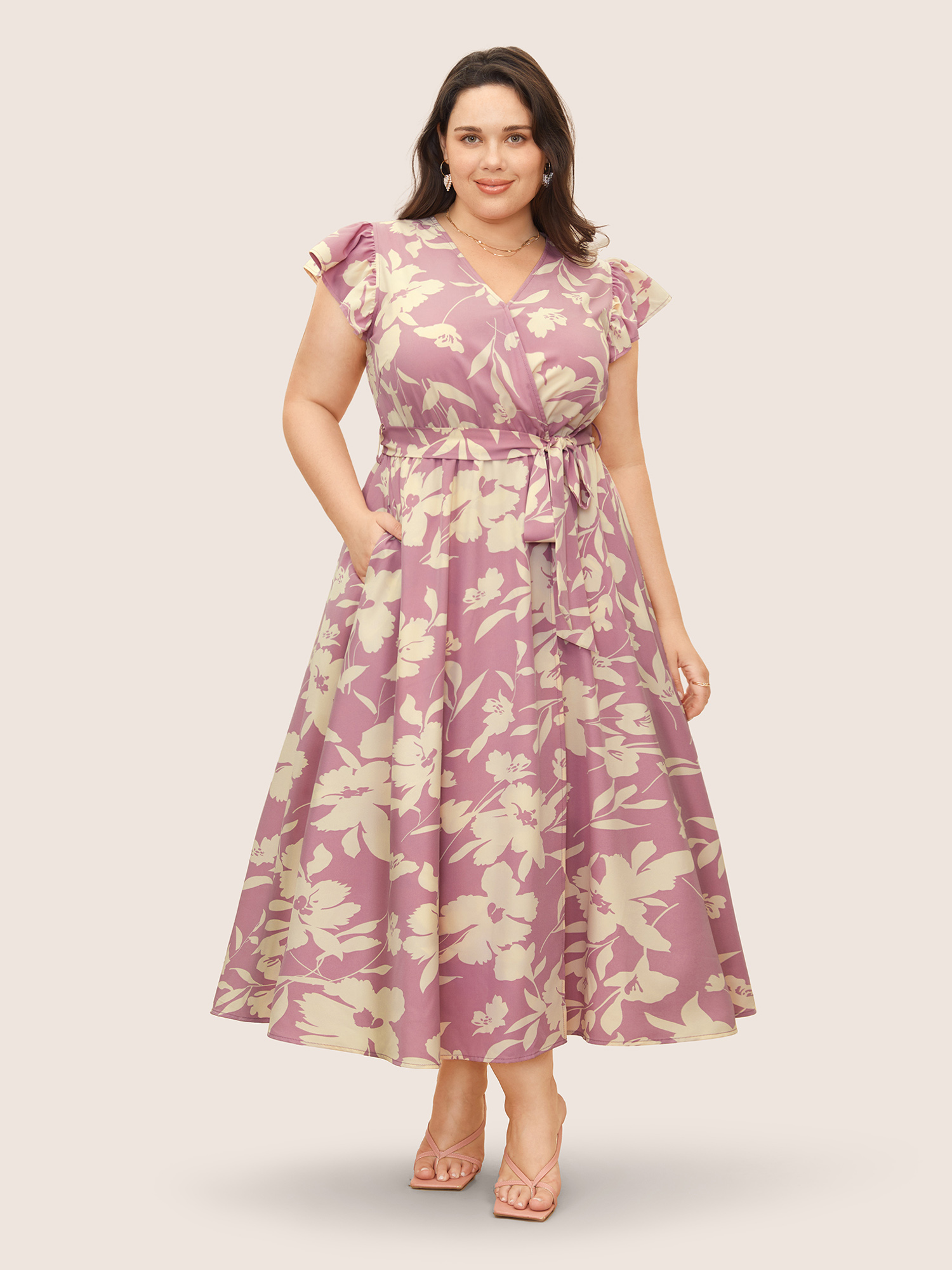 

Plus Size Silhouette Floral Print Wrap Ruffle Cap Sleeve Dress Pink Women Elegant Overlapping V-neck Cap Sleeve Curvy BloomChic