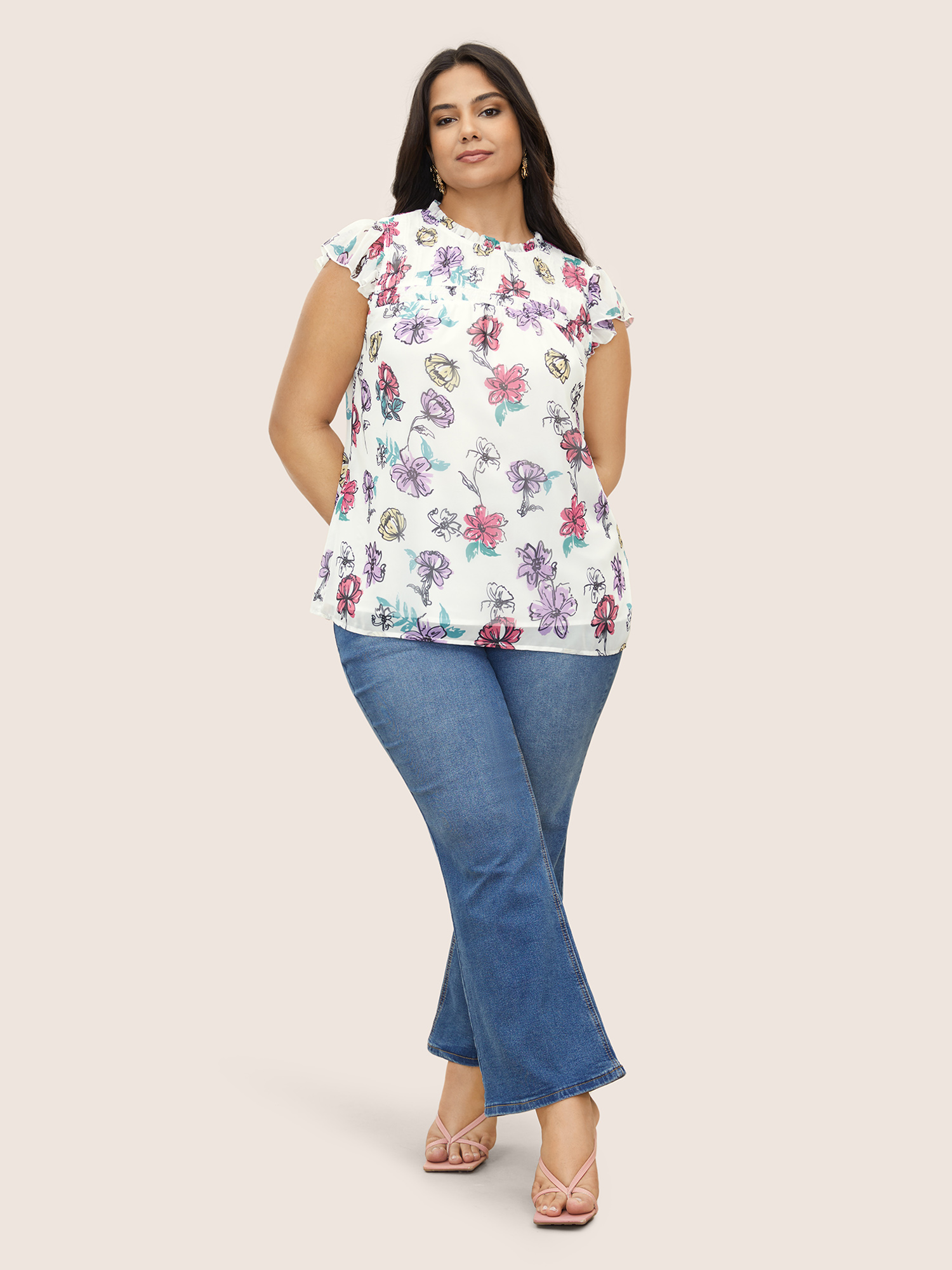 Plus Size Multicolor Floral Frill Trim Ruffle Cap Sleeve Blouse Women Elegant Cap Sleeve Round Neck Everyday Blouses BloomChic 26/4X 