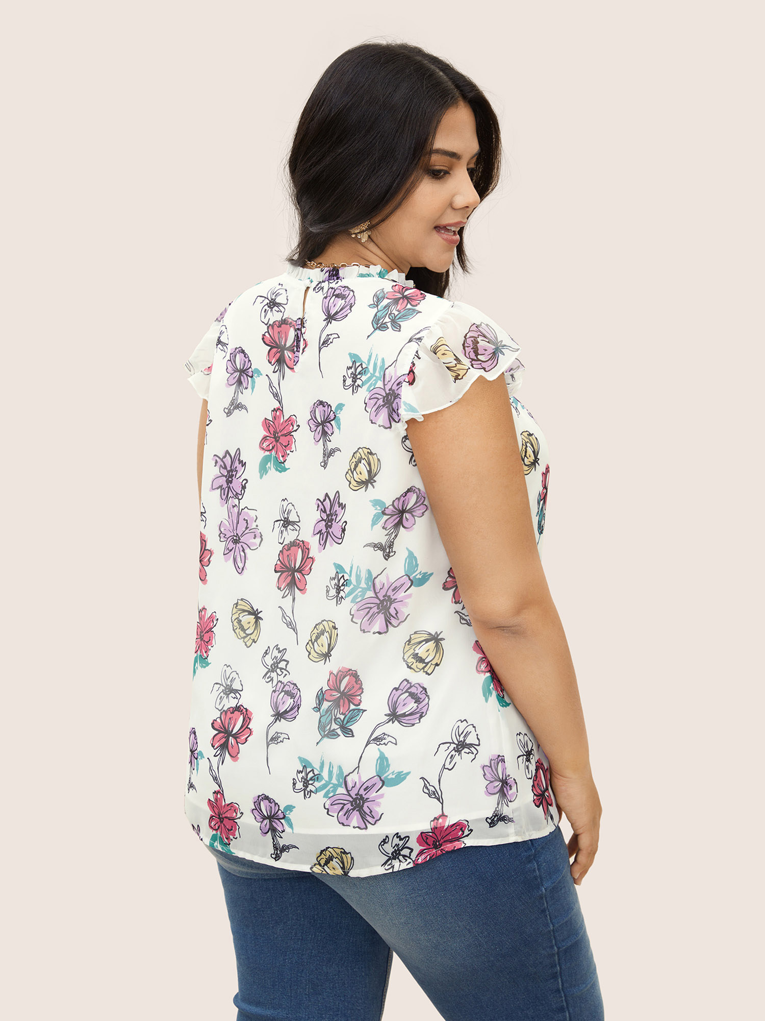 Plus Size Multicolor Floral Frill Trim Ruffle Cap Sleeve Blouse Women Elegant Cap Sleeve Round Neck Everyday Blouses BloomChic 26/4X 