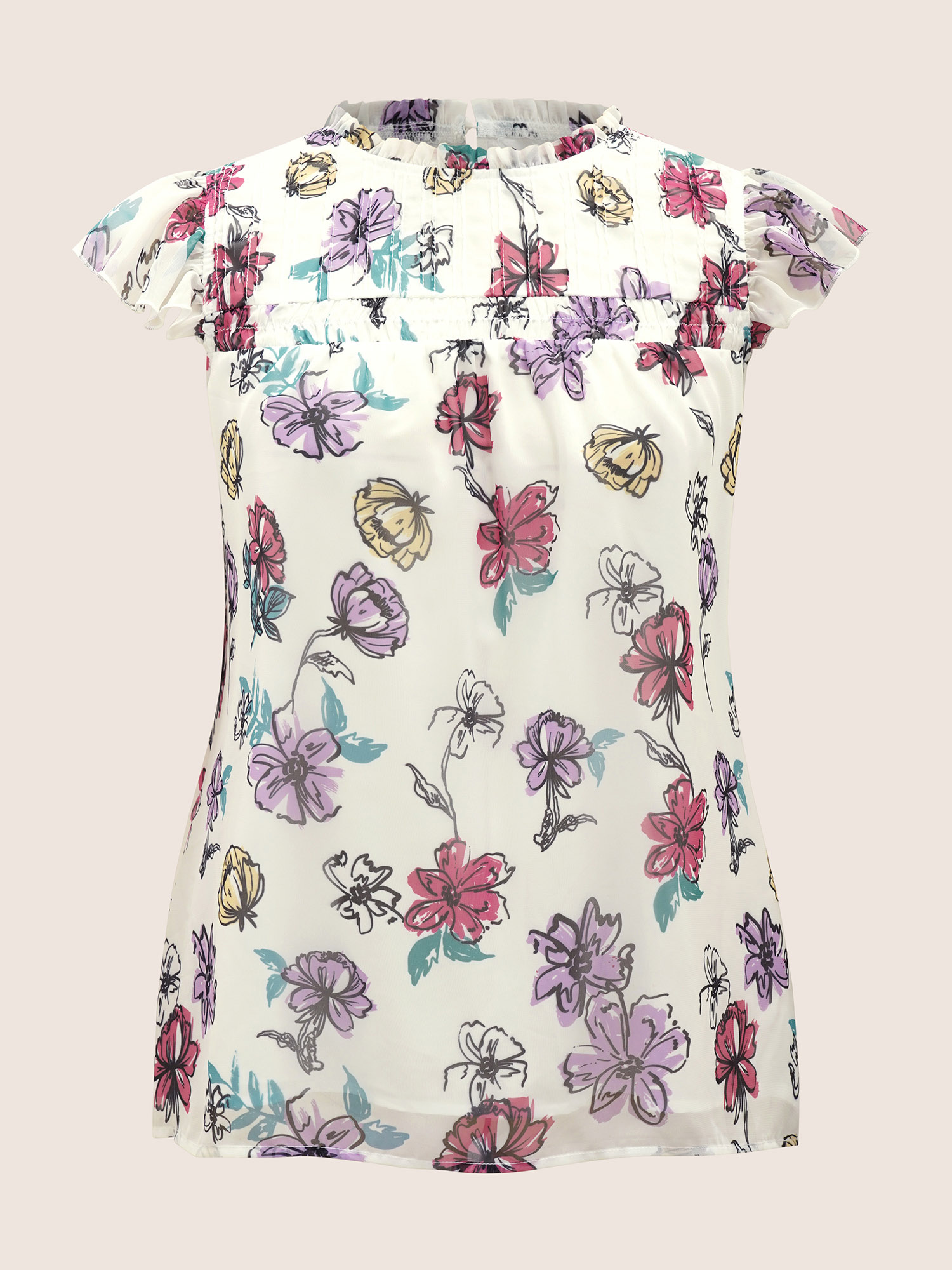 Plus Size Multicolor Floral Frill Trim Ruffle Cap Sleeve Blouse Women Elegant Cap Sleeve Round Neck Everyday Blouses BloomChic 26/4X 