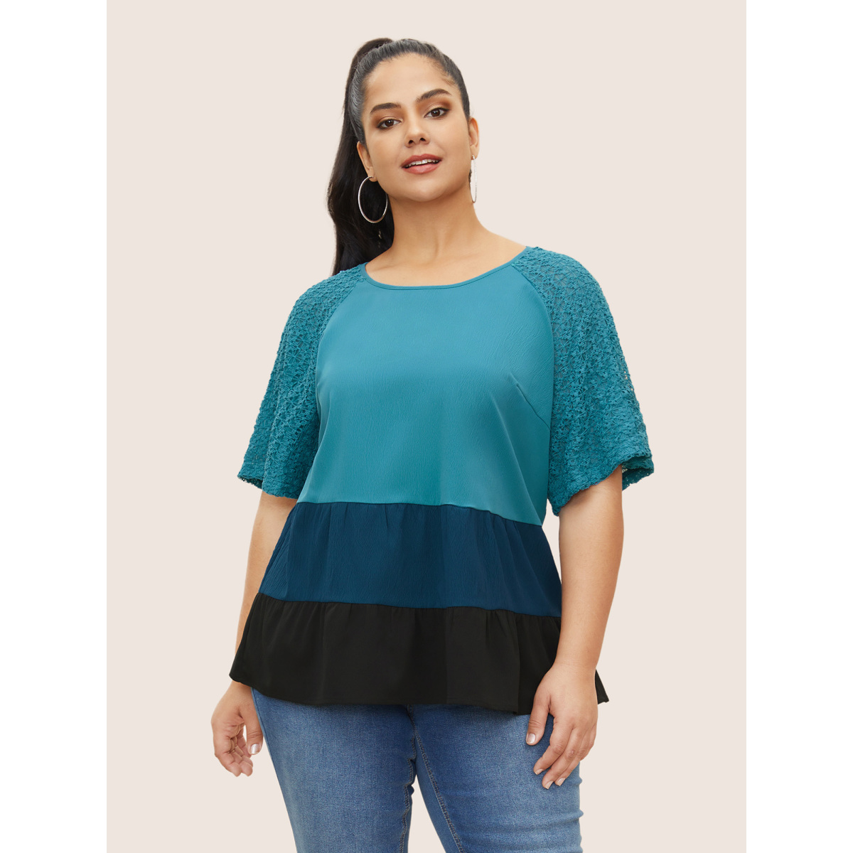

Plus Size Cerulean Colorblock Contrast Lace Panel Raglan Sleeve Blouse Women Casual Short sleeve Round Neck Everyday Blouses BloomChic