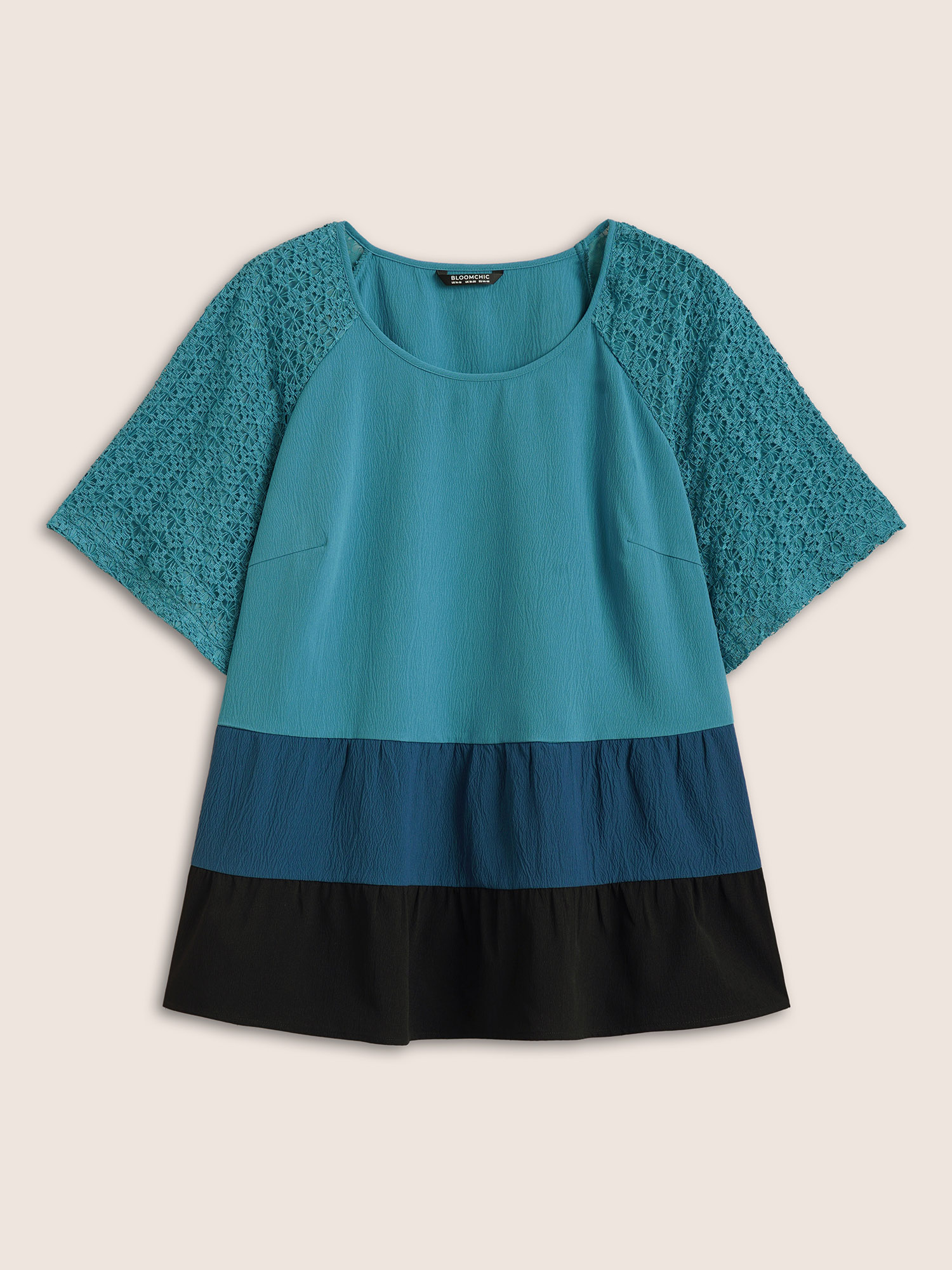 

Plus Size Cerulean Colorblock Contrast Lace Panel Raglan Sleeve Blouse Women Casual Short sleeve Round Neck Everyday Blouses BloomChic