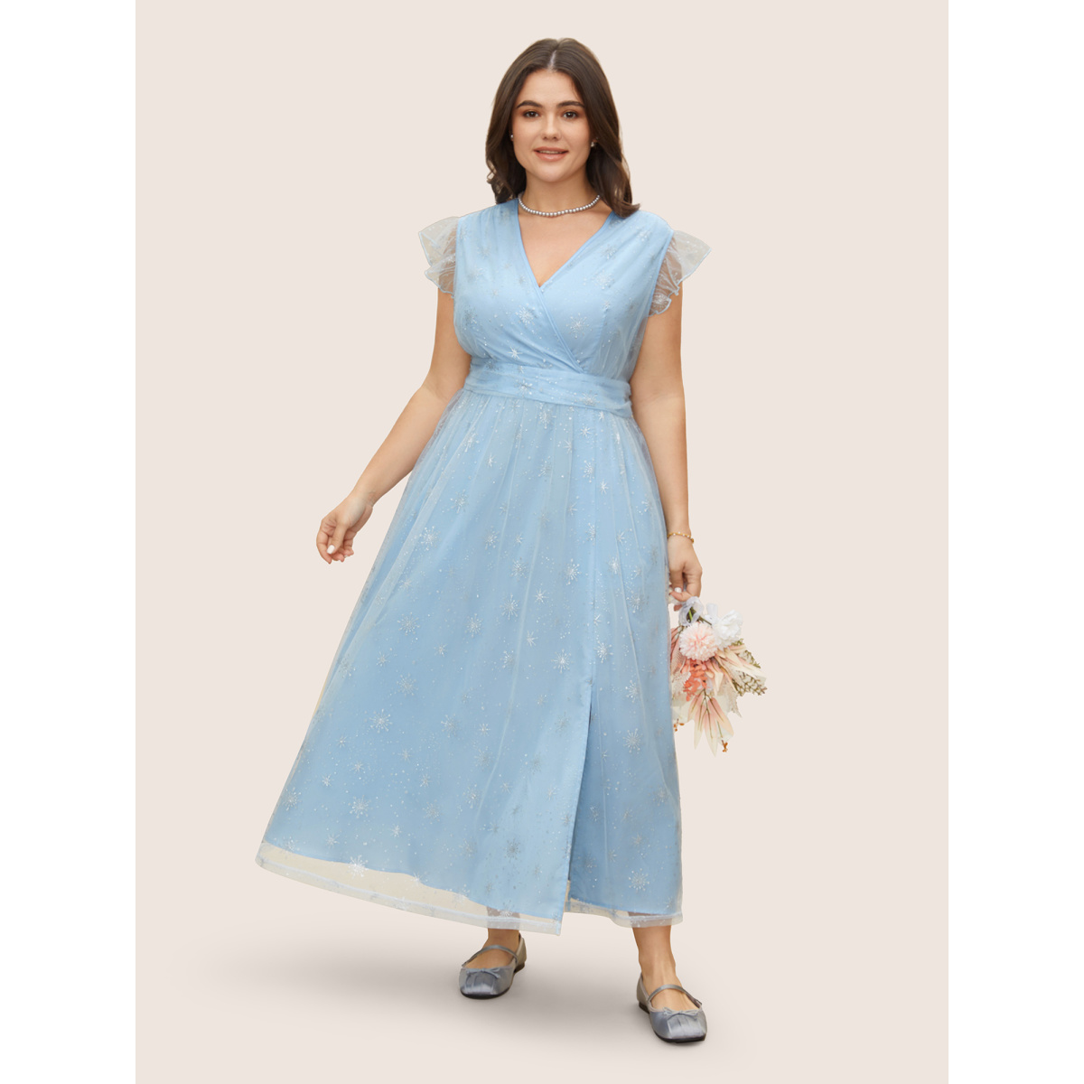 

Plus Size Overlap Collar Glitter Snowflake Mesh Dress LightBlue Women Overlapping Curvy Midi Dress BloomChic