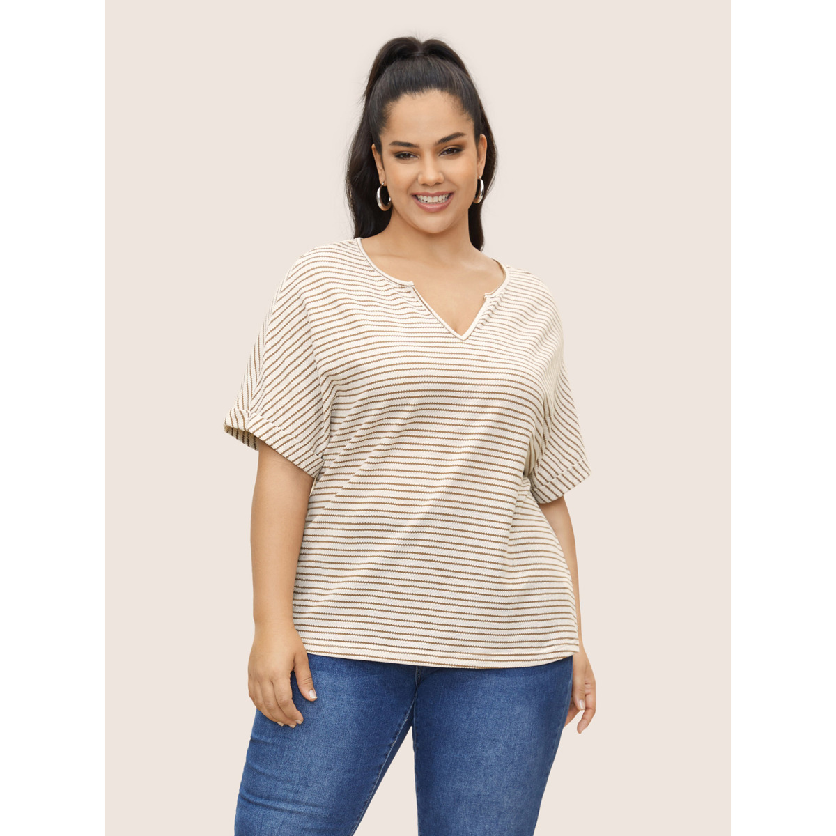 

Plus Size Striped Flat Collar With V Notch Cuffed Sleeve T-shirt Tan Women Casual Contrast Flat collar with V-notch Everyday T-shirts BloomChic