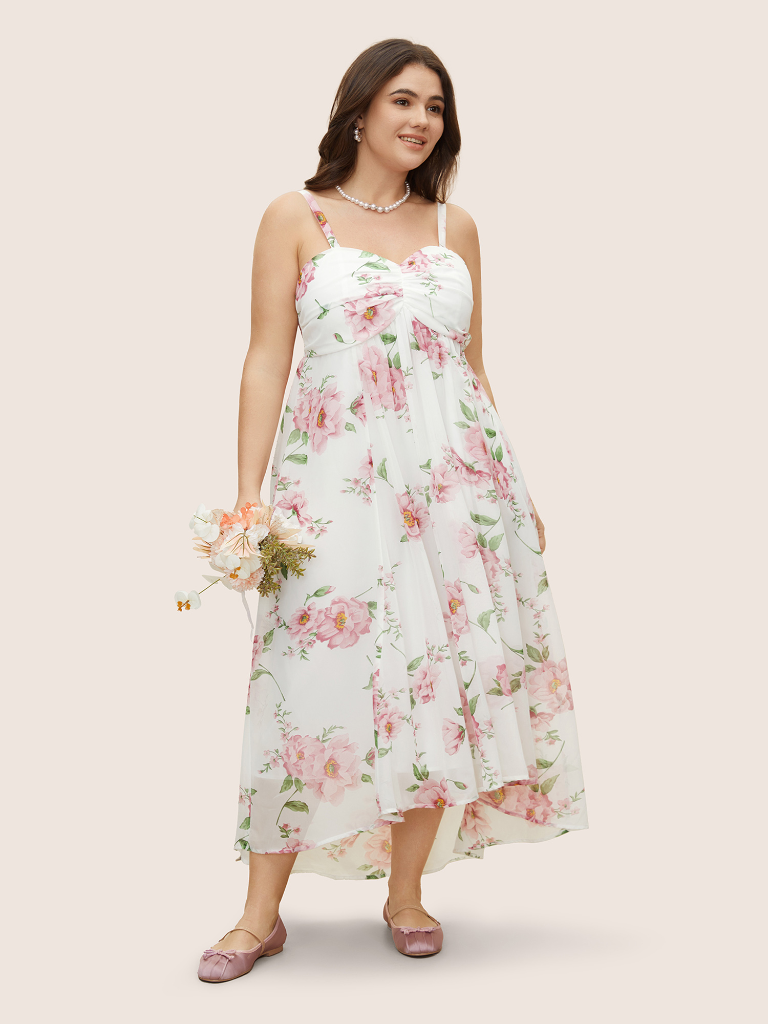 

Plus Size Floral Mesh Ruched Adjustable Straps Dress Pink Women Formal Gathered Non Sleeveless Curvy BloomChic