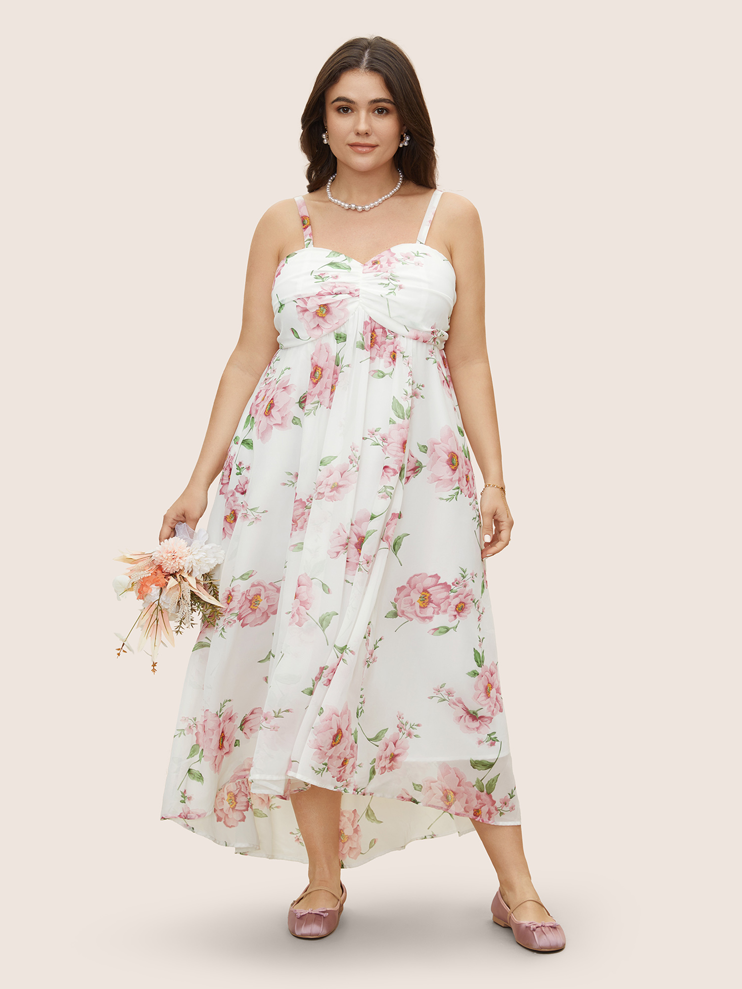 

Plus Size Floral Mesh Ruched Adjustable Straps Dress Pink Women Gathered Non Sleeveless Curvy BloomChic