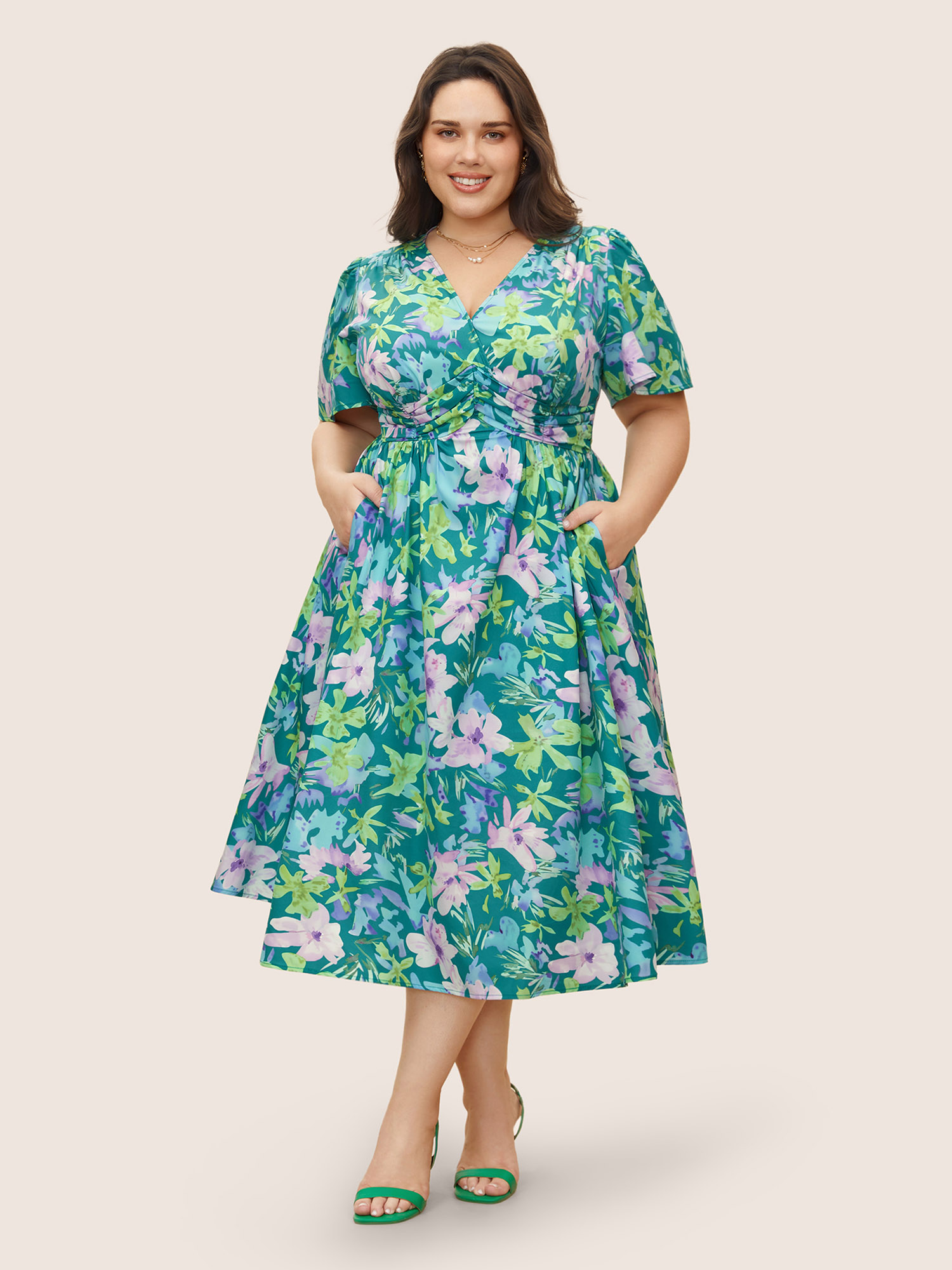 

Plus Size Floral Print Pleated Ruffle Sleeve Dress Multicolor Women Elegant Pleated V-neck Short sleeve Curvy BloomChic