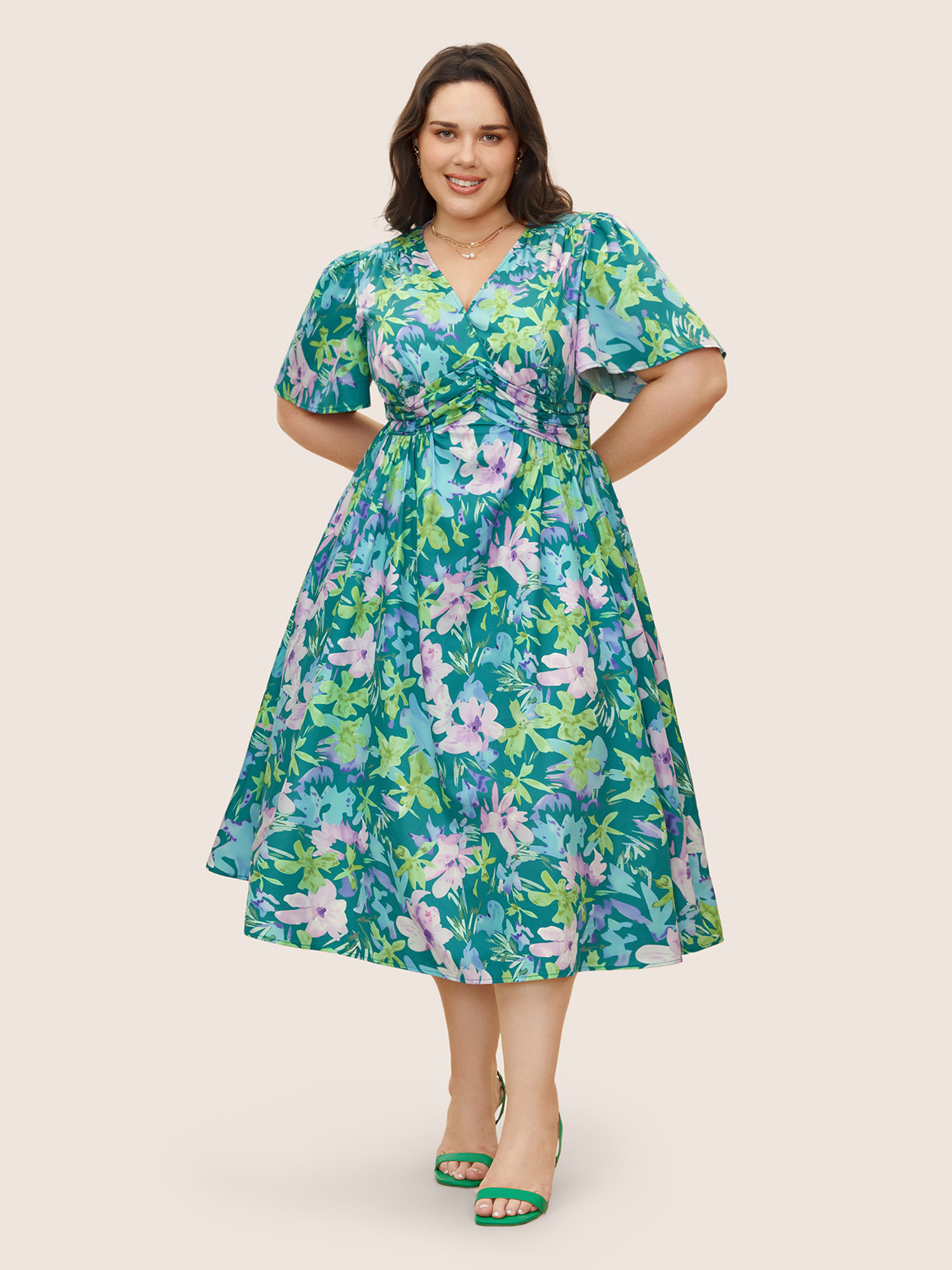 

Plus Size Floral Print Pleated Ruffle Sleeve Dress Multicolor Women Elegant Pleated V-neck Short sleeve Curvy BloomChic