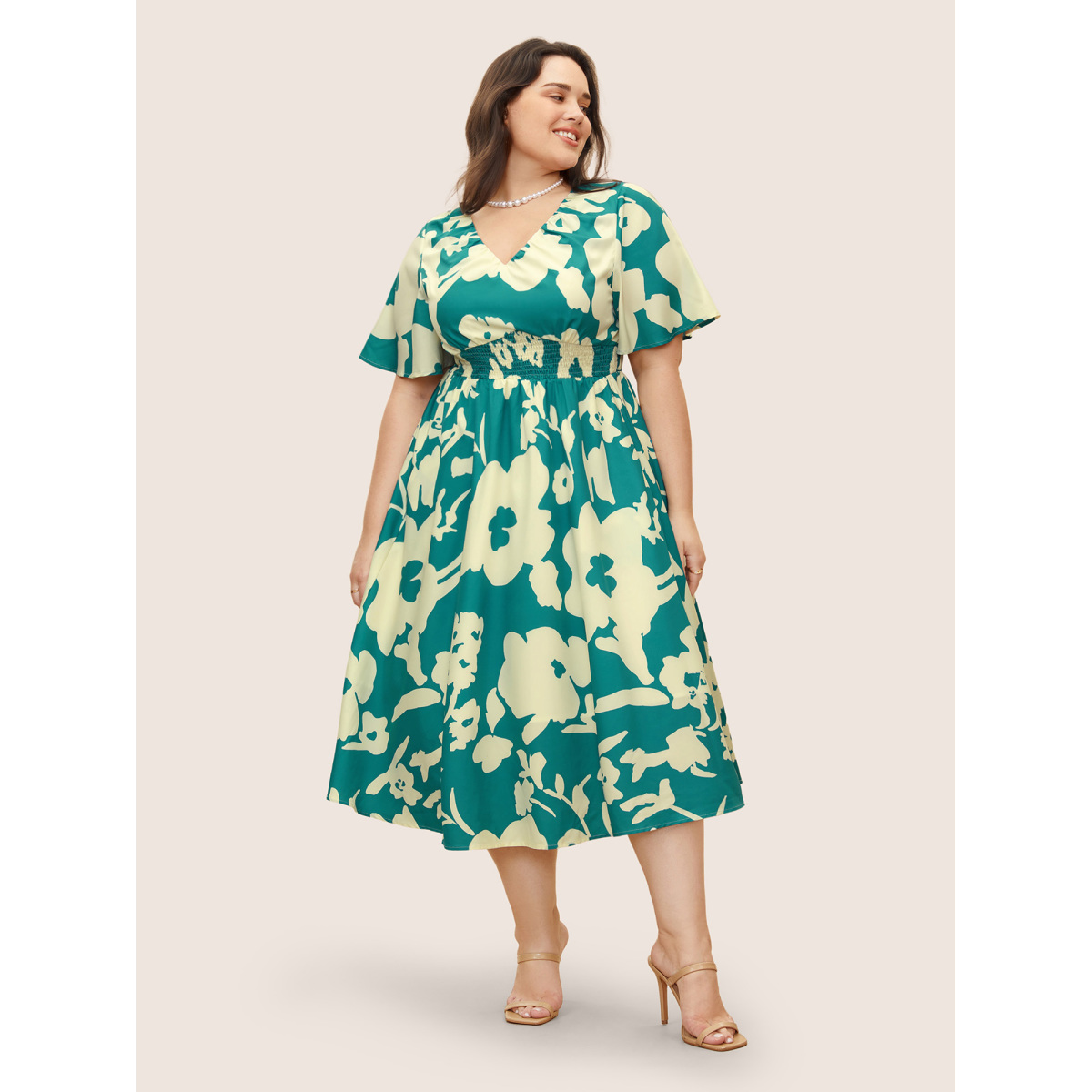 

Plus Size Silhouette Floral Print Shirred Flutter Sleeve Dress Teal Women Gathered V-neck Short sleeve Curvy BloomChic