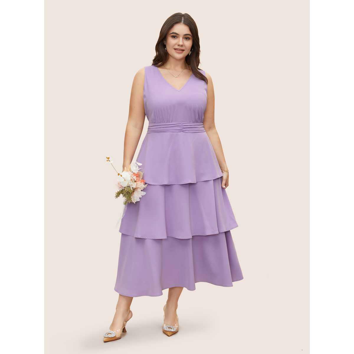 

Plus Size Plain Shirred Ruffle Layered Hem Dress Lilac Women Shirred V-neck Sleeveless Curvy BloomChic