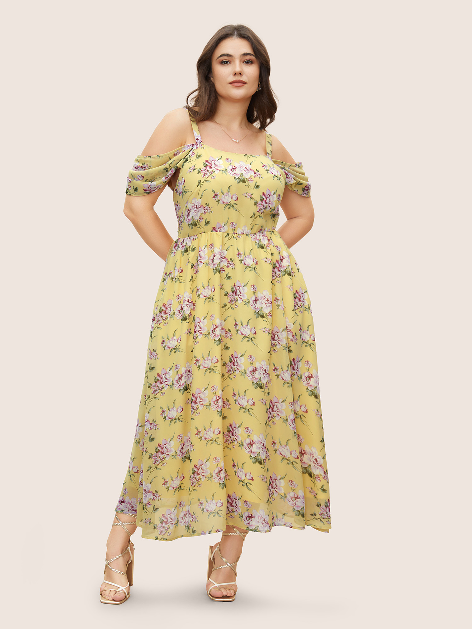 

Plus Size Floral One Shoulder Neck Elastic Waist Dress Yellow Women One-shoulder neck Cap Sleeve Curvy BloomChic