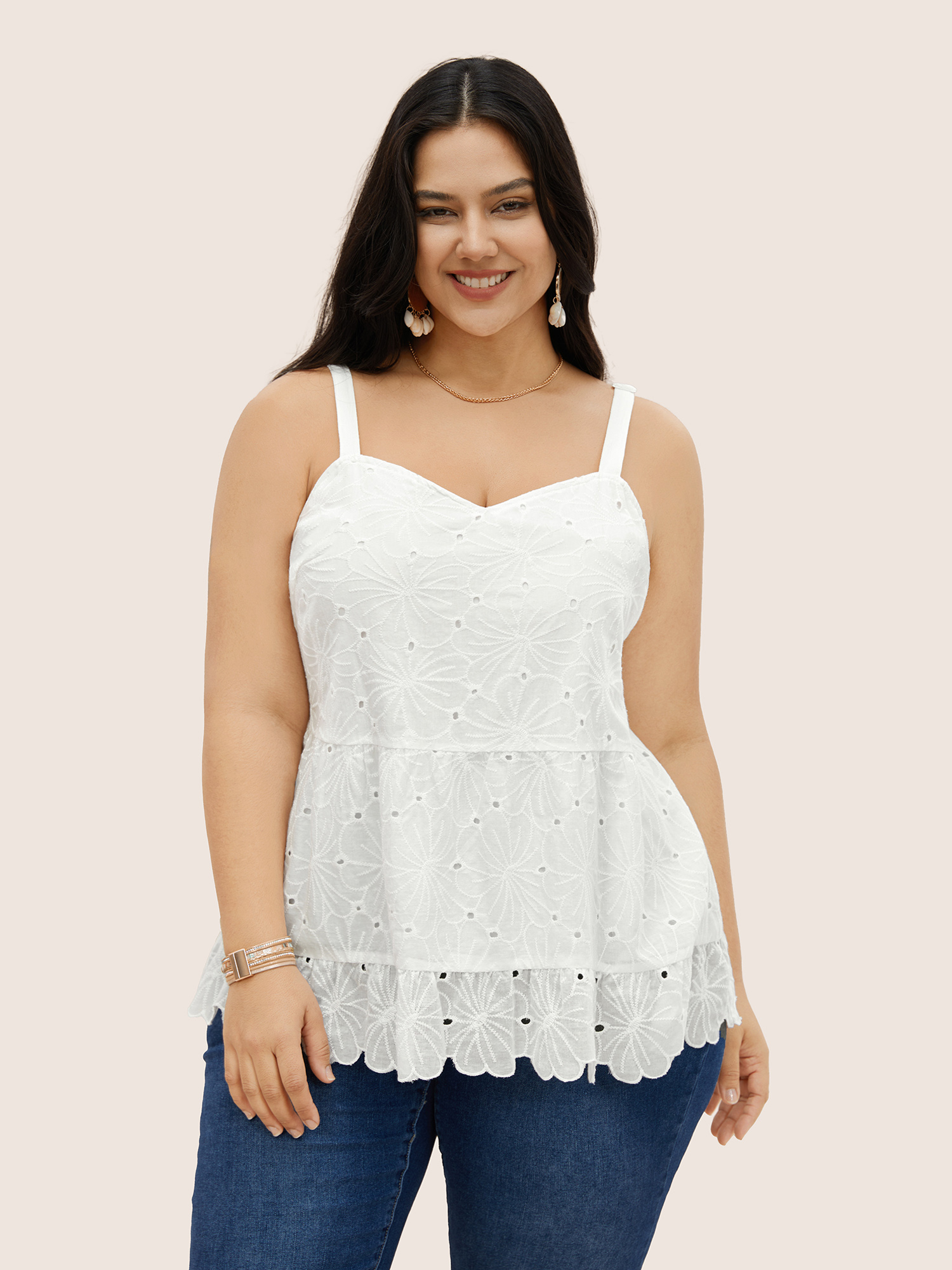 

Plus Size Solid Floral Cotton Blended Cami Top Women Ivory Resort Woven ribbon&lace trim Heart neckline Vacation Tank Tops Camis BloomChic