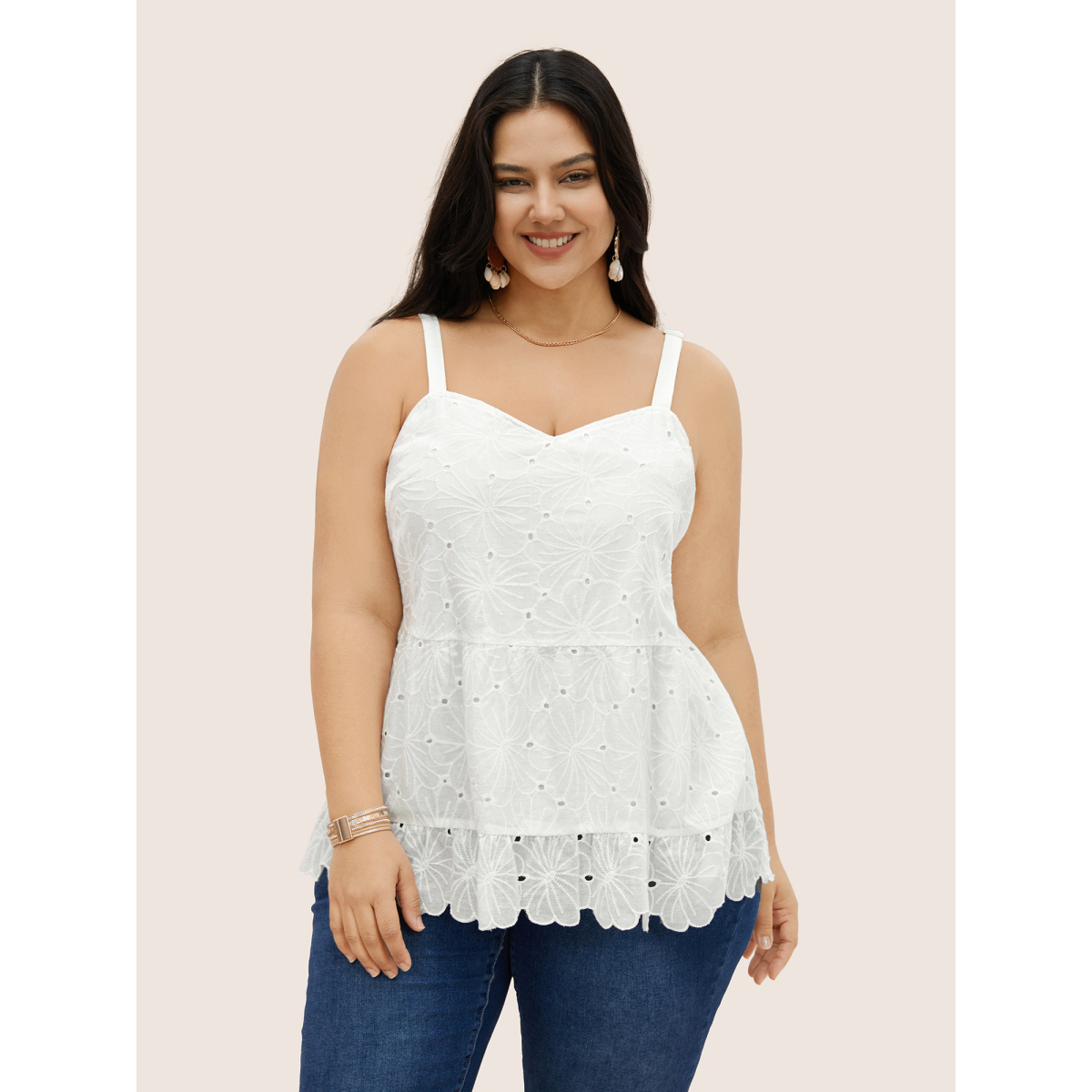 

Plus Size Solid Floral Cotton Blended Cami Top Women Ivory Resort Woven ribbon&lace trim Heart neckline Vacation Tank Tops Camis BloomChic