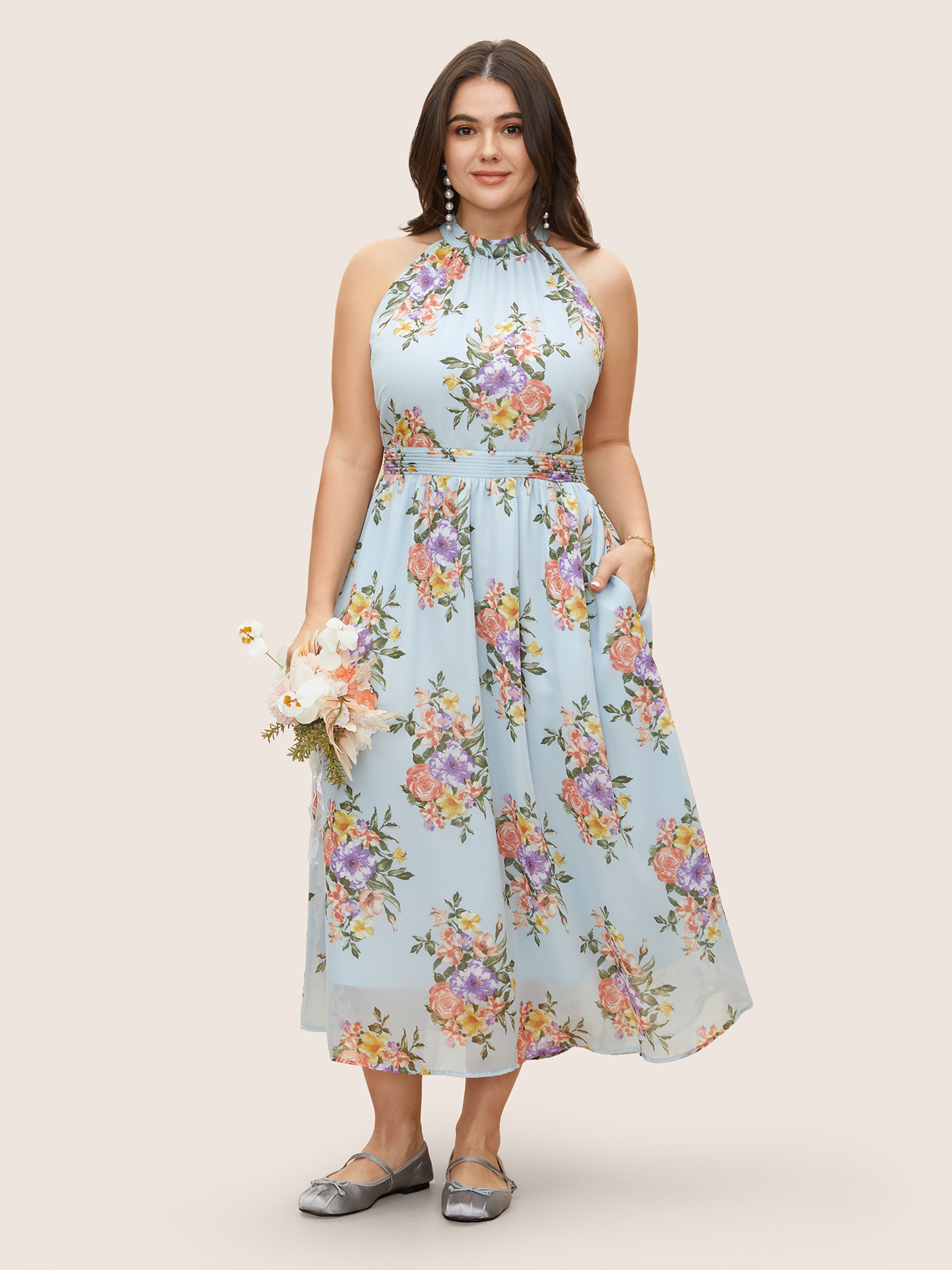 

Plus Size Halter Floral Print Pleated Pocket Dress LightBlue Women Mock Neck Sleeveless Curvy BloomChic
