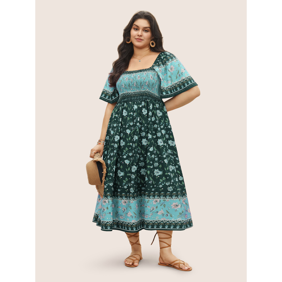 

Plus Size Ditsy Floral Shirred Patchwork Ruffle Sleeve Dress Turquoise Women Shirred Square Neck Short sleeve Curvy Midi Dress BloomChic