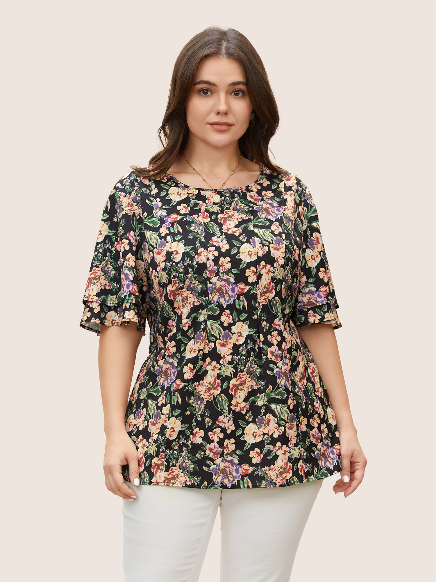 

Plus Size Black Floral Print Tiered Flutter Sleeve Blouse Women Elegant Half Sleeve Round Neck Everyday Blouses BloomChic