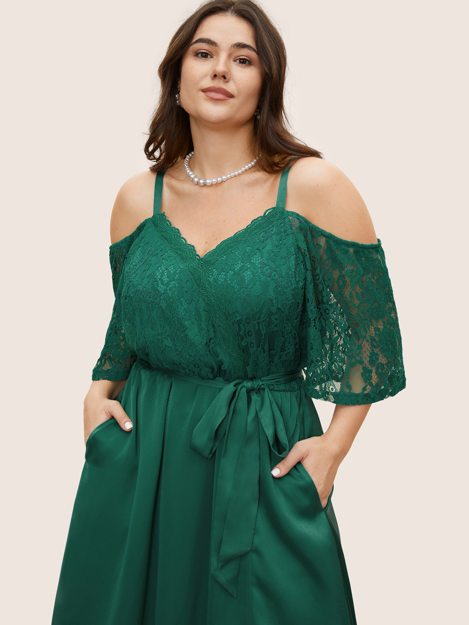 

Plus Size Crochet Lace Mesh Cold Shoulder Dress Emerald Women Overlap Collar Short sleeve Curvy BloomChic