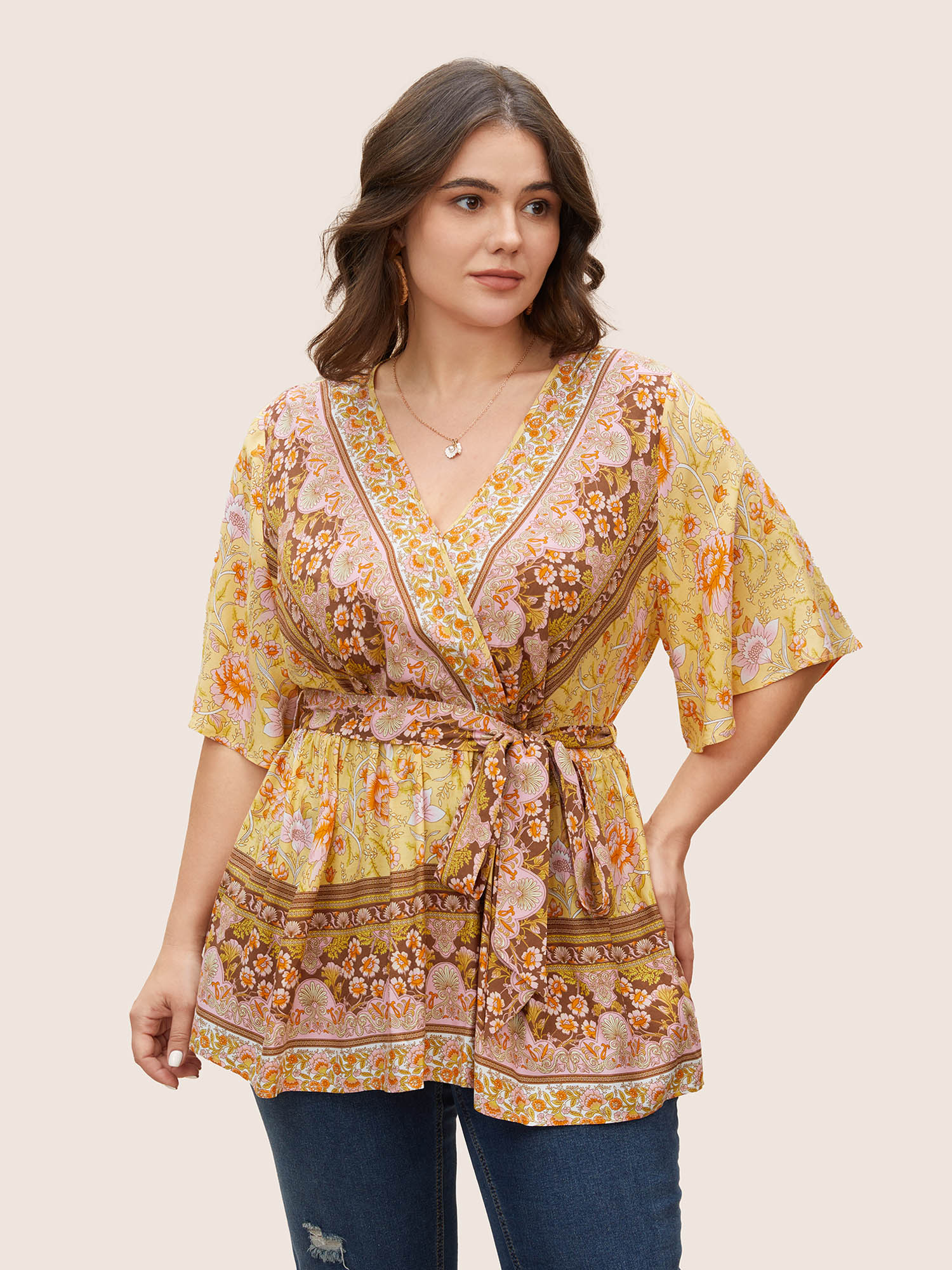 

Plus Size Gold Floral Print Ruffles Belted Blouse Women Resort Half Sleeve V-neck Vacation Blouses BloomChic