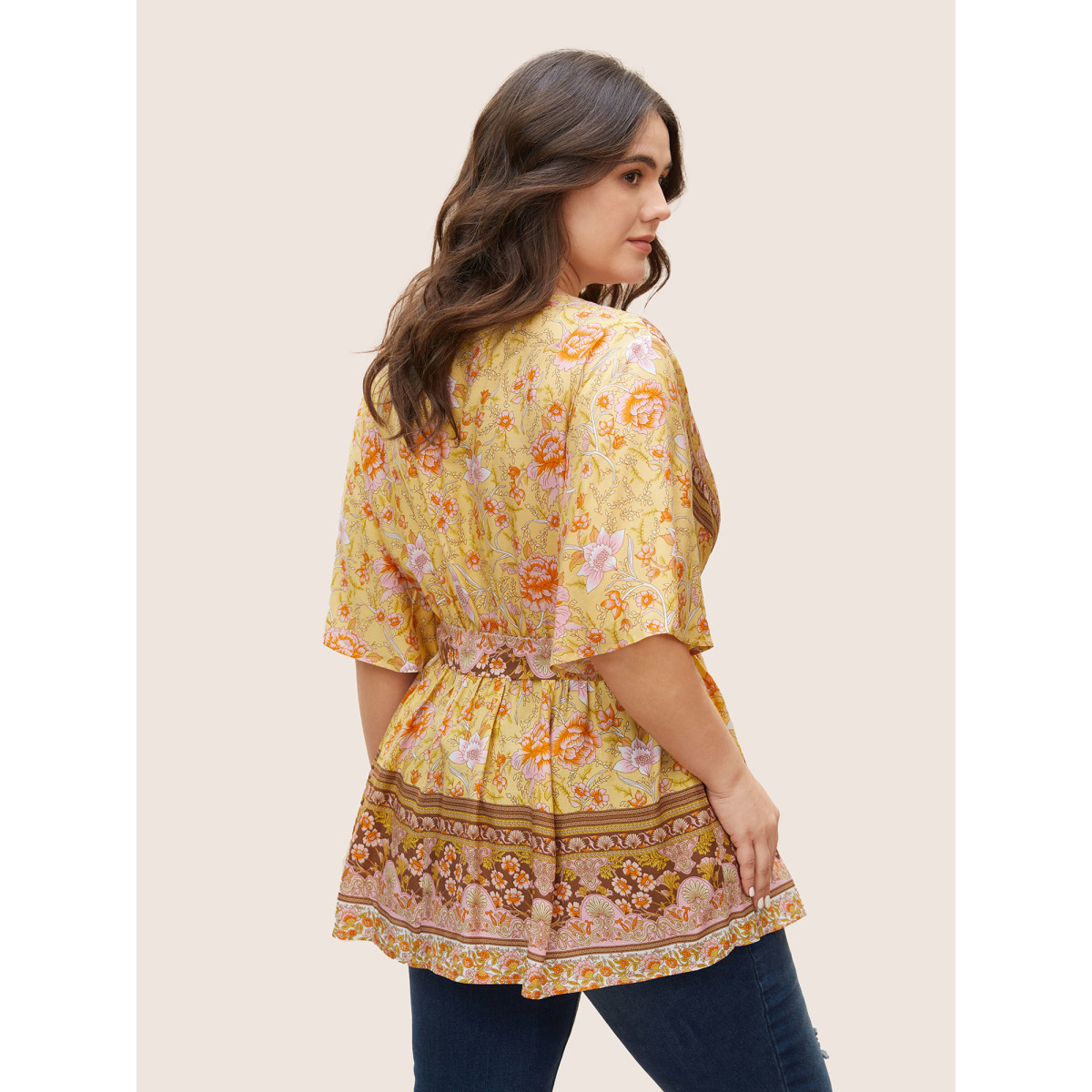 

Plus Size Gold Floral Print Ruffles Belted Wrap Blouse Women Resort Half Sleeve V-neck Vacation Blouses BloomChic