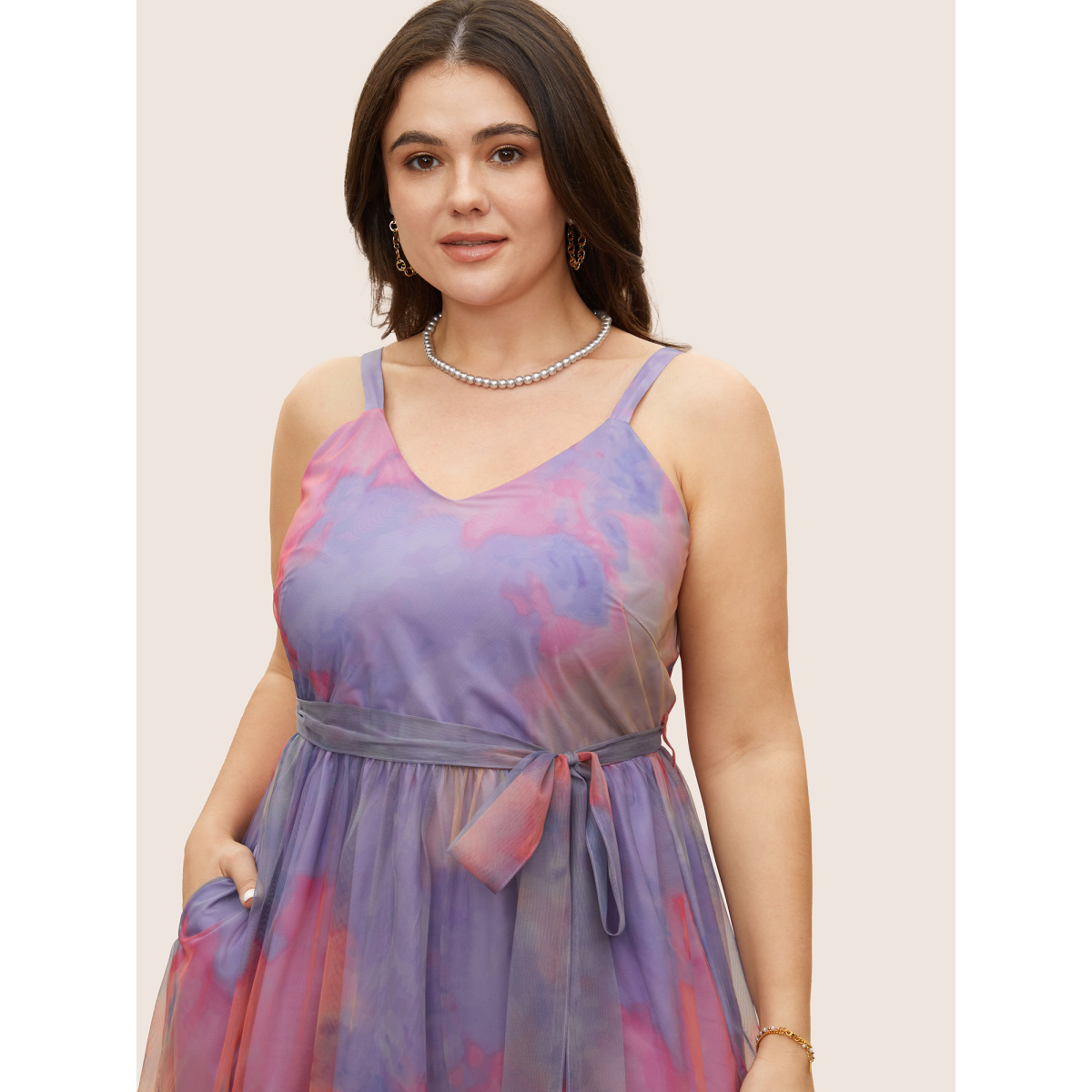 

Plus Size Tie Dye Belted Split Front Cami Dress Lilac Women Belted Non Sleeveless Curvy BloomChic
