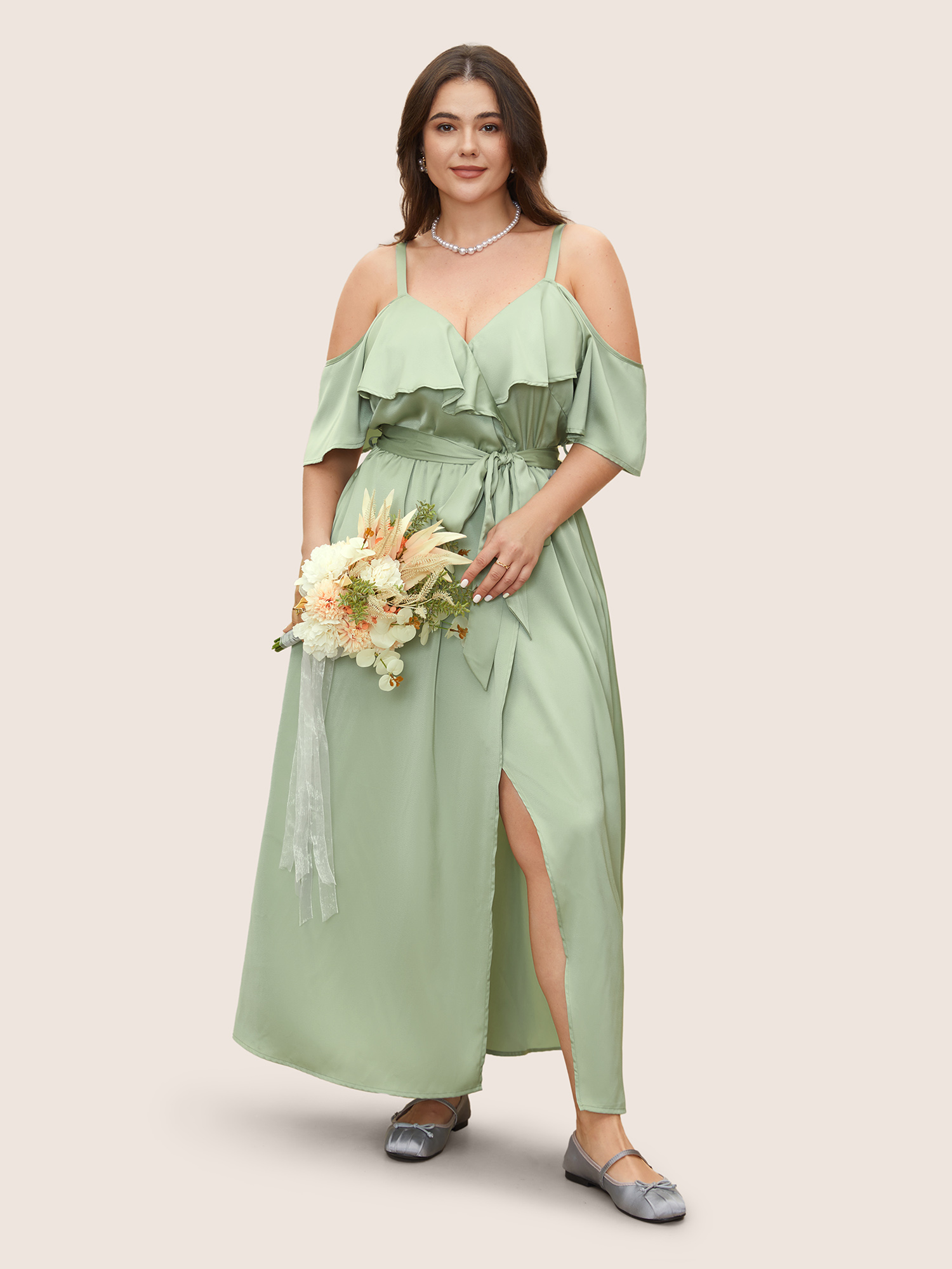 

Plus Size Solid Heart Neckline Satin Ruffle Sleeve Dress LightGreen Women Formal Overlapping Heart neckline Short sleeve Curvy BloomChic