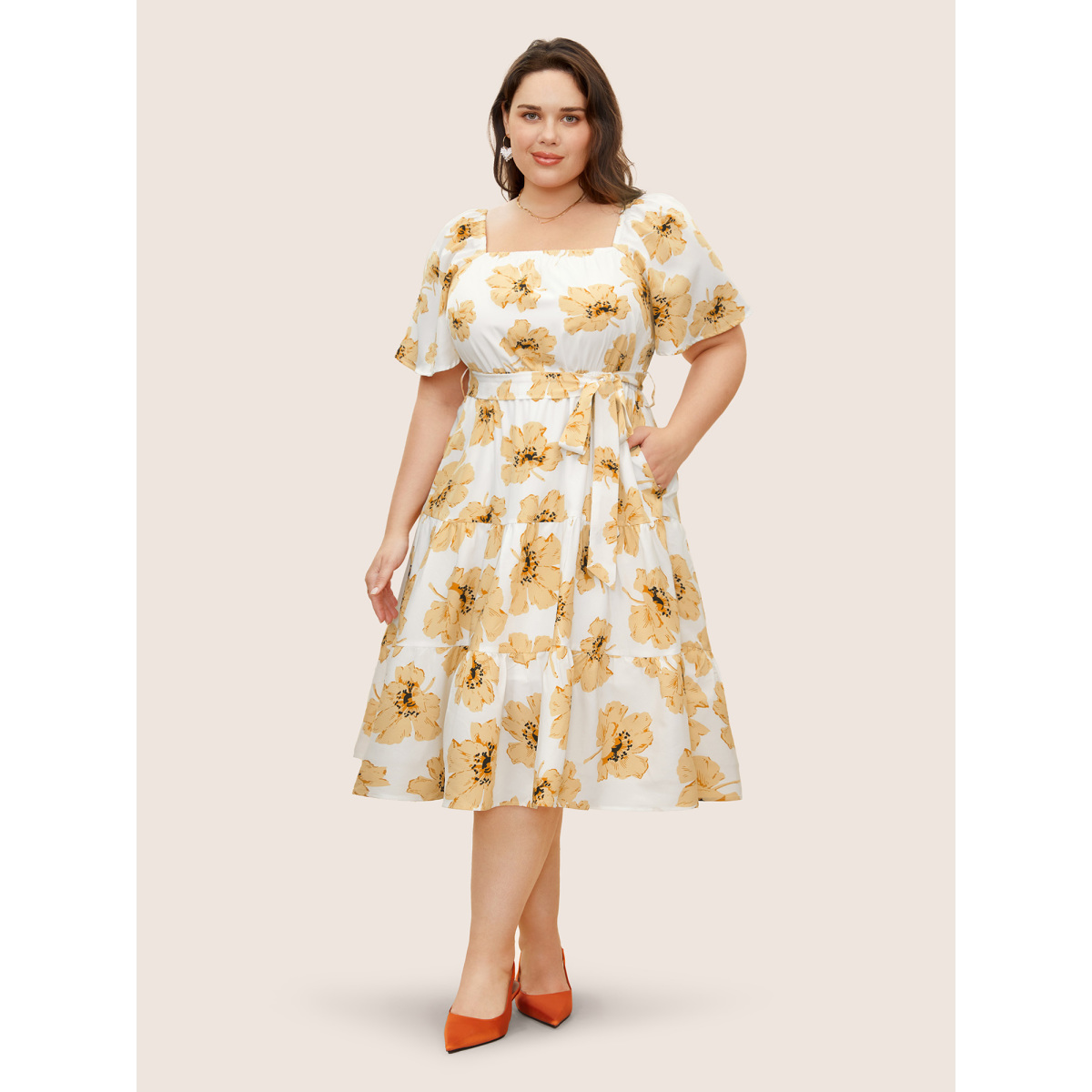

Plus Size Square Neck Floral Raglan Sleeve Belted Dress Yellow Women Belted Square Neck Short sleeve Curvy BloomChic