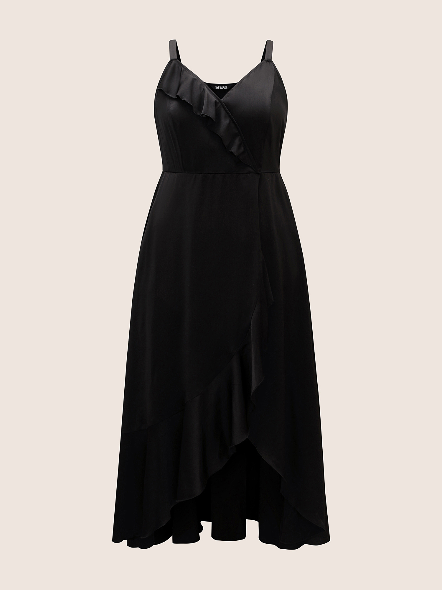 

Plus Size Satin Overlap Collar Ruffles Cami Dress Black Women Ruffles V-neck Sleeveless Curvy BloomChic