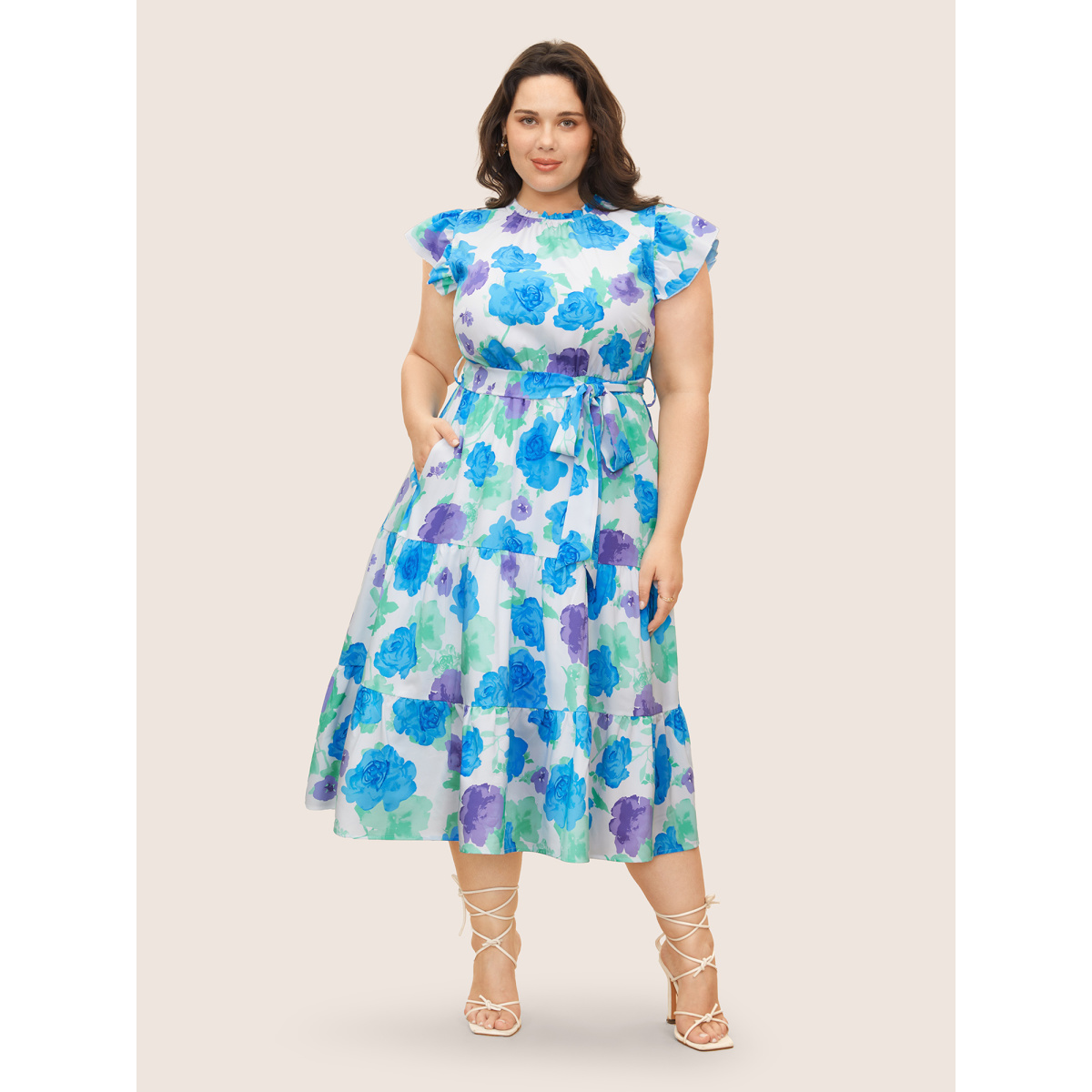 

Plus Size Floral Gathered Ruffle Cap Sleeve Belted Dress White Women Belted Round Neck Cap Sleeve Curvy BloomChic