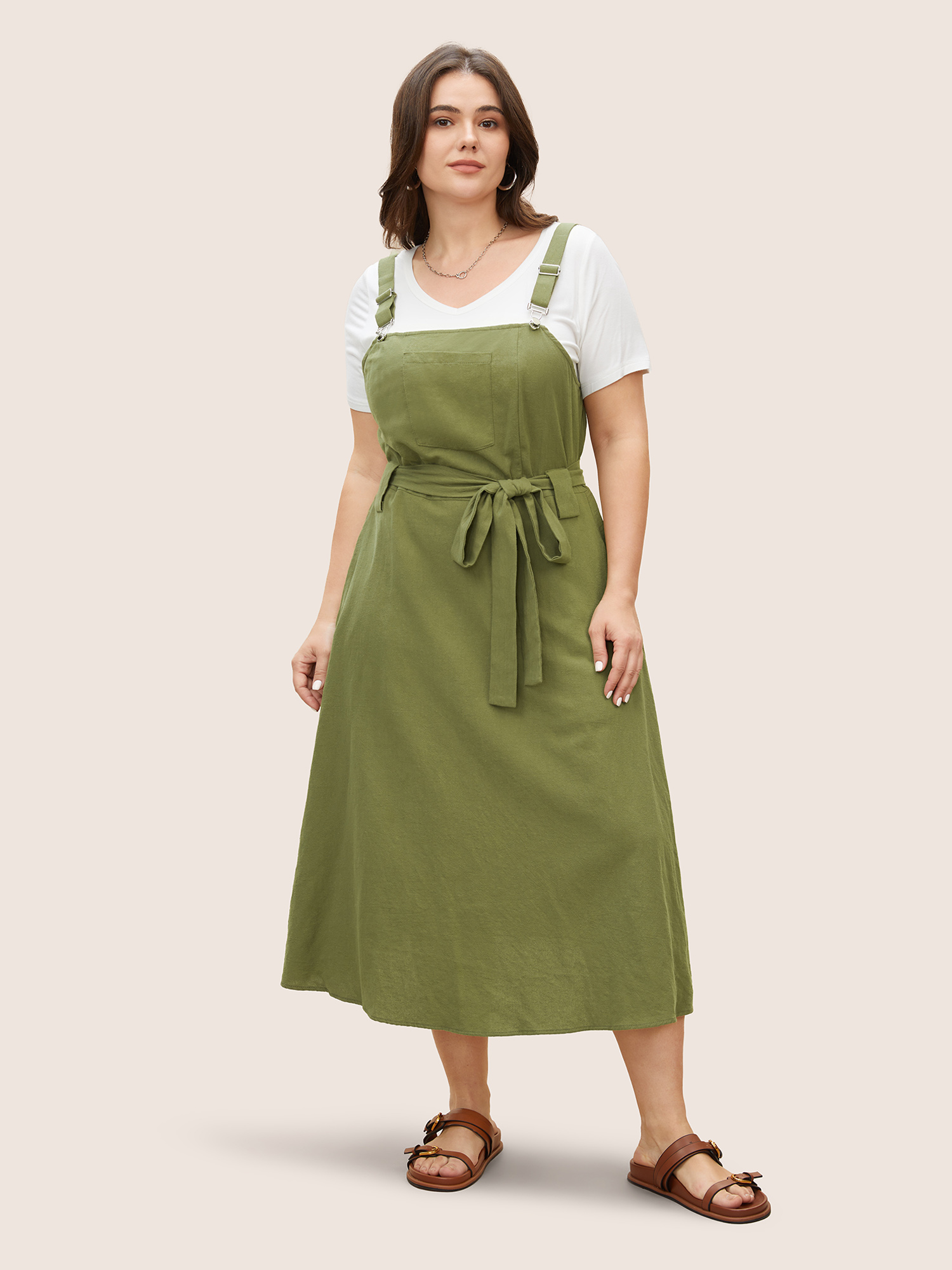 

Plus Size Solid Patched Pocket Adjustable Straps Belted Dress ArmyGreen Women Casual Belted Non Sleeveless Curvy BloomChic