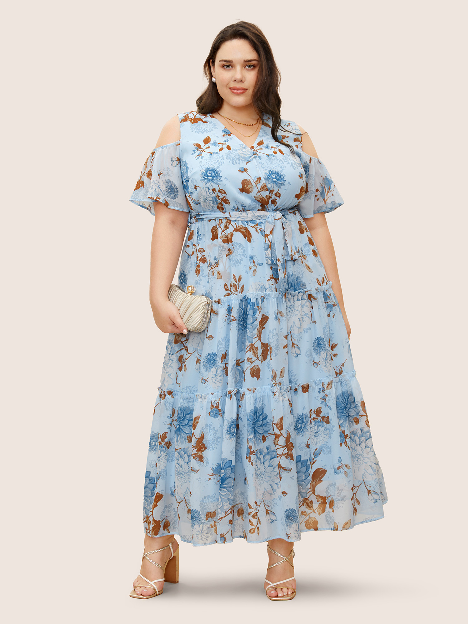 Plus Size Floral Wrap Mesh Ruffle Sleeve Dress LightBlue Women V-neck Sleeveless Curvy BloomChic 14-16/1X 
