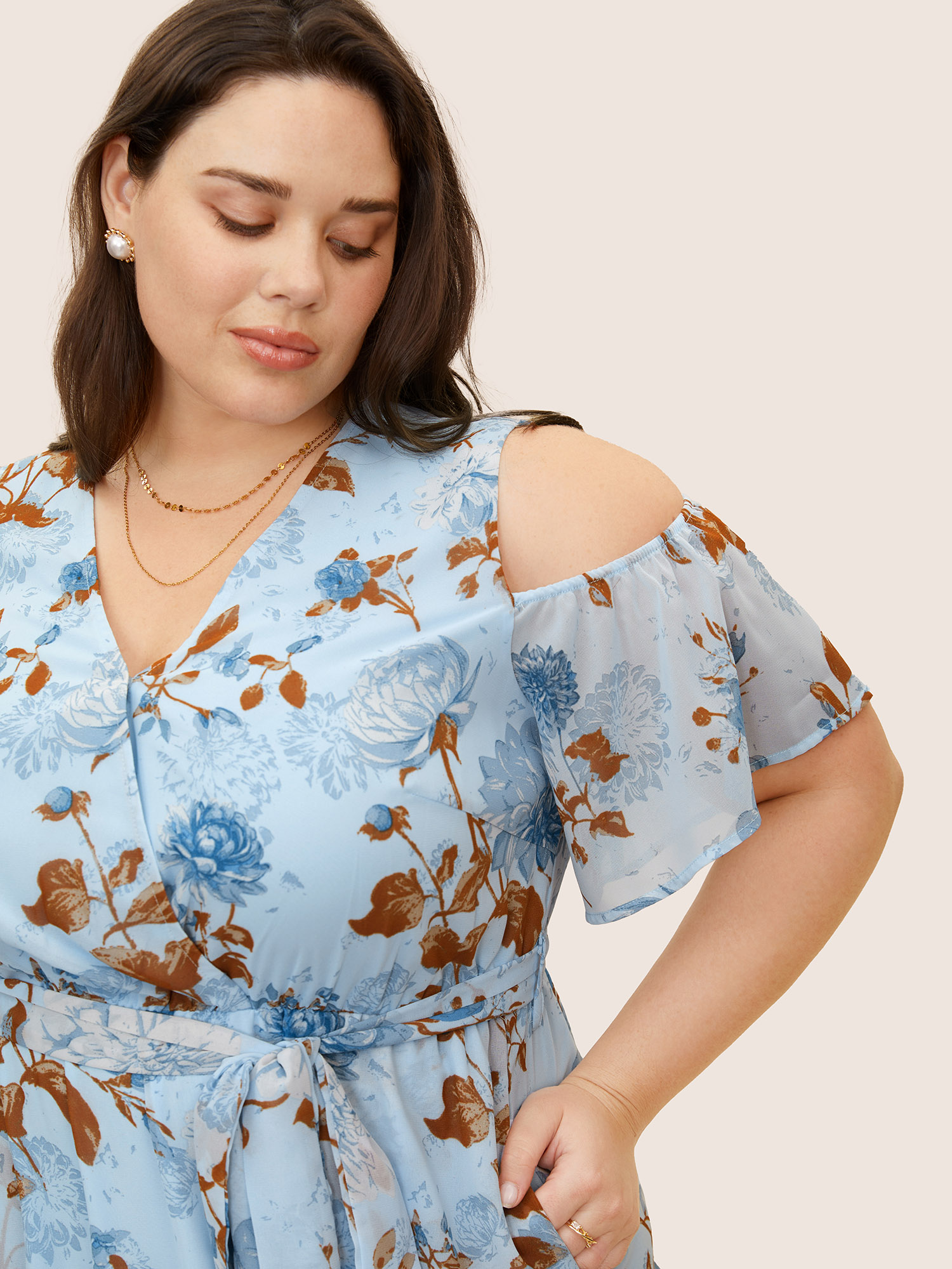 Plus Size Floral Wrap Mesh Ruffle Sleeve Dress LightBlue Women V-neck Sleeveless Curvy BloomChic 14-16/1X 