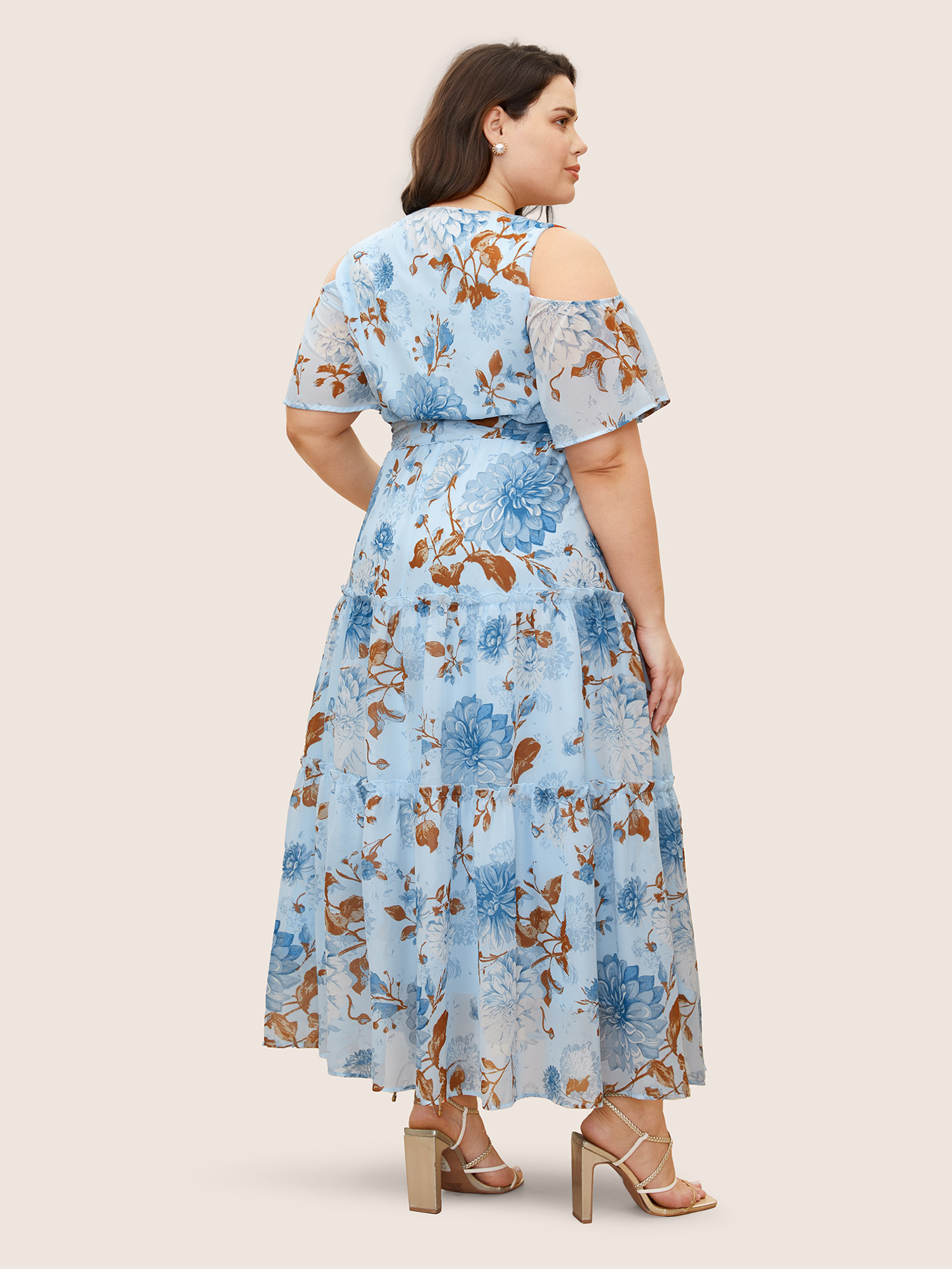 Plus Size Floral Wrap Mesh Ruffle Sleeve Dress LightBlue Women V-neck Sleeveless Curvy BloomChic 14-16/1X 