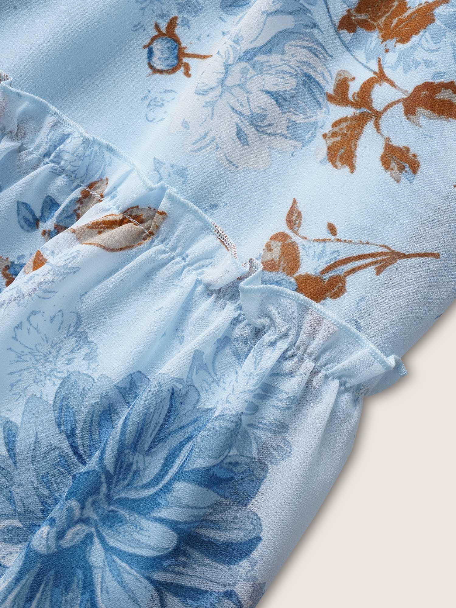 Plus Size Floral Wrap Mesh Ruffle Sleeve Dress LightBlue Women V-neck Sleeveless Curvy BloomChic 14-16/1X 