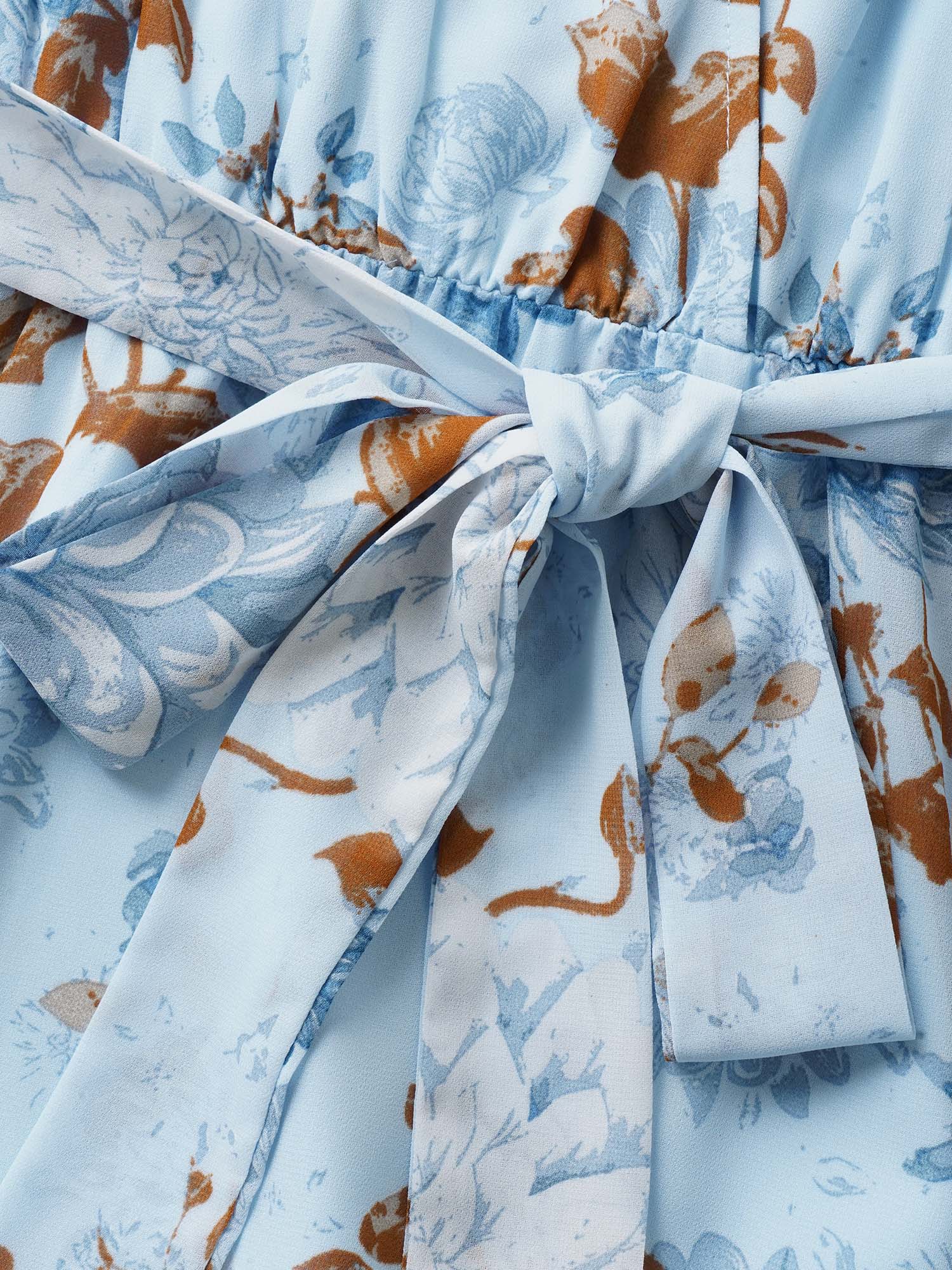 Plus Size Floral Wrap Mesh Ruffle Sleeve Dress LightBlue Women V-neck Sleeveless Curvy BloomChic 14-16/1X 