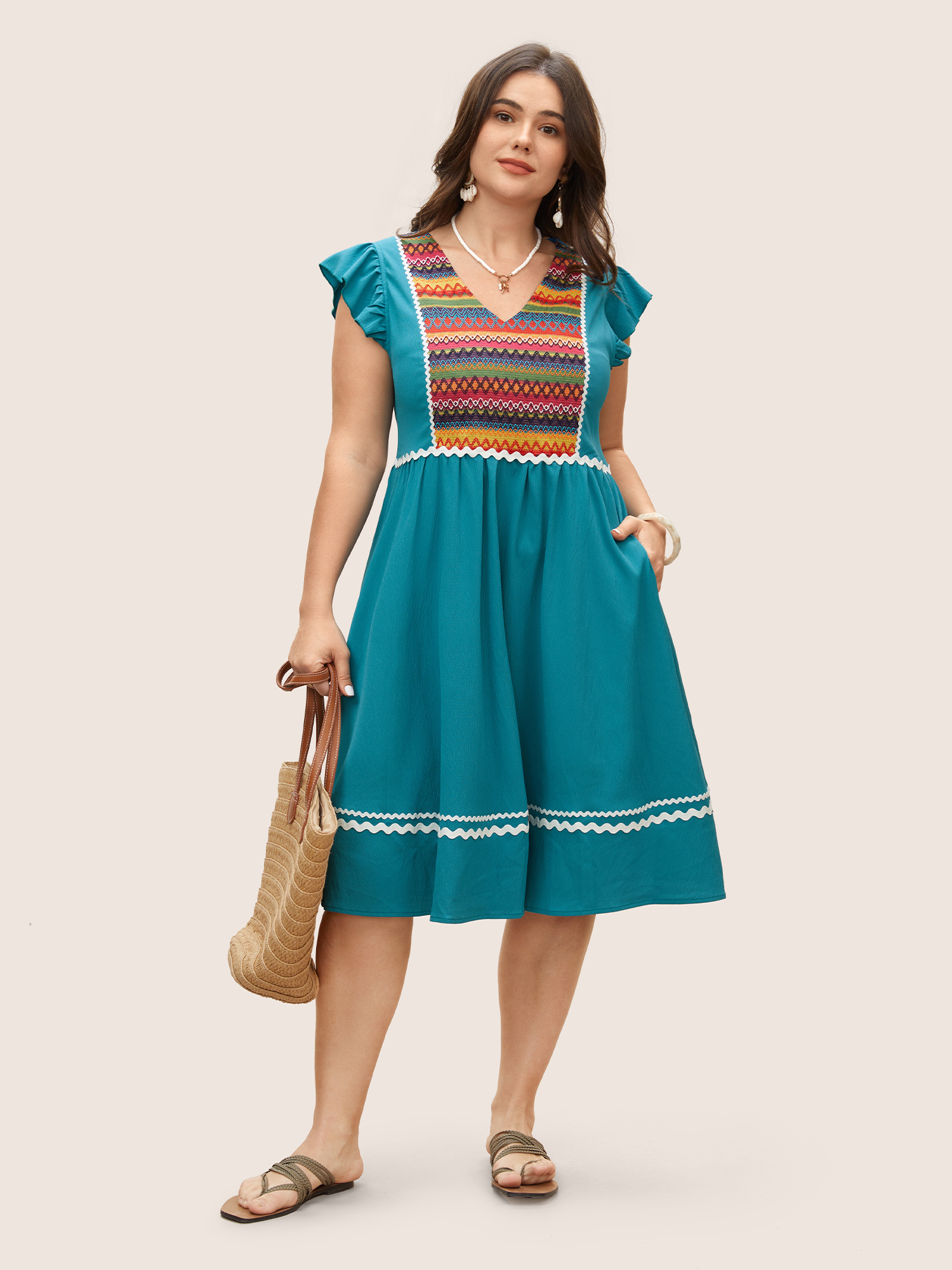 Plus Size Color Embroidered Patchwork Flounce Sleeve Dress Cerulean Women Non V-neck Cap Sleeve Curvy Midi Dress BloomChic 10/M 