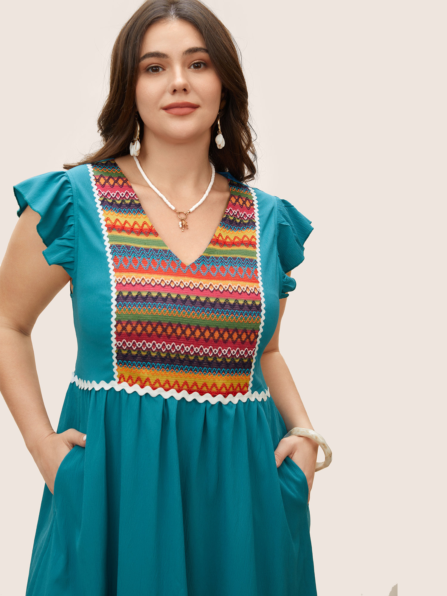 Plus Size Color Embroidered Patchwork Flounce Sleeve Dress Cerulean Women Non V-neck Cap Sleeve Curvy Midi Dress BloomChic 10/M 