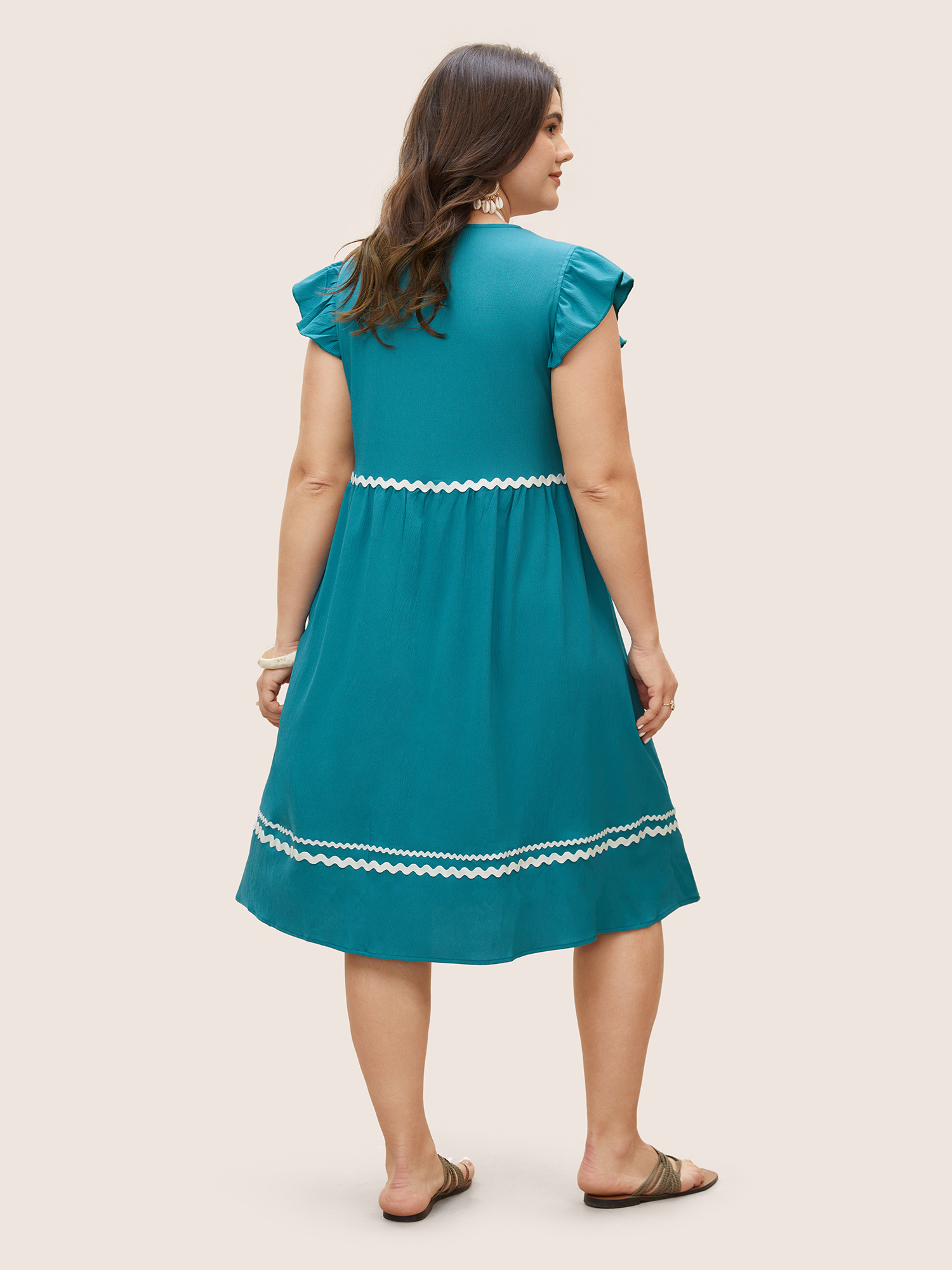 Plus Size Color Embroidered Patchwork Flounce Sleeve Dress Cerulean Women Non V-neck Cap Sleeve Curvy Midi Dress BloomChic 10/M 