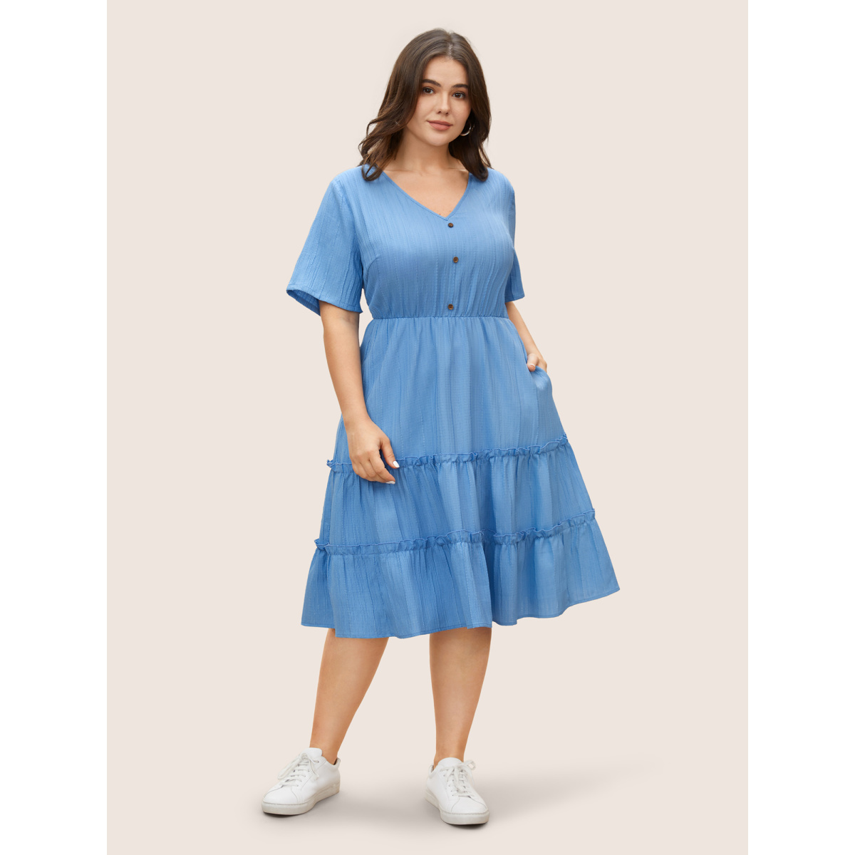 

Plus Size Solid Button Detail Ruffle Layered Hem Dress LightBlue Women V-neck Short sleeve Curvy Knee Dress BloomChic