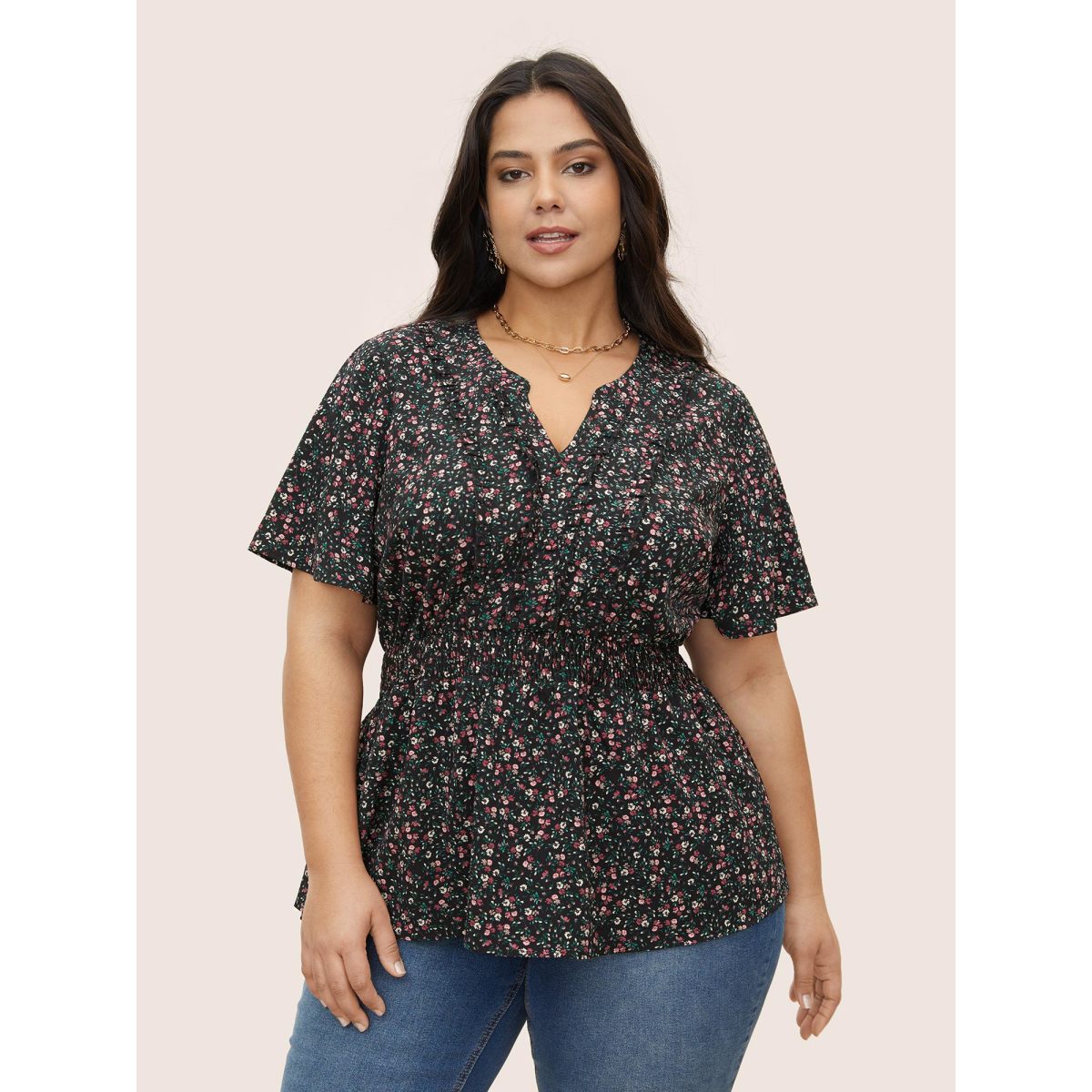 

Plus Size Black Ditsy Floral Shirred Frill Trim Blouse Women Elegant Short sleeve Notched collar Everyday Blouses BloomChic