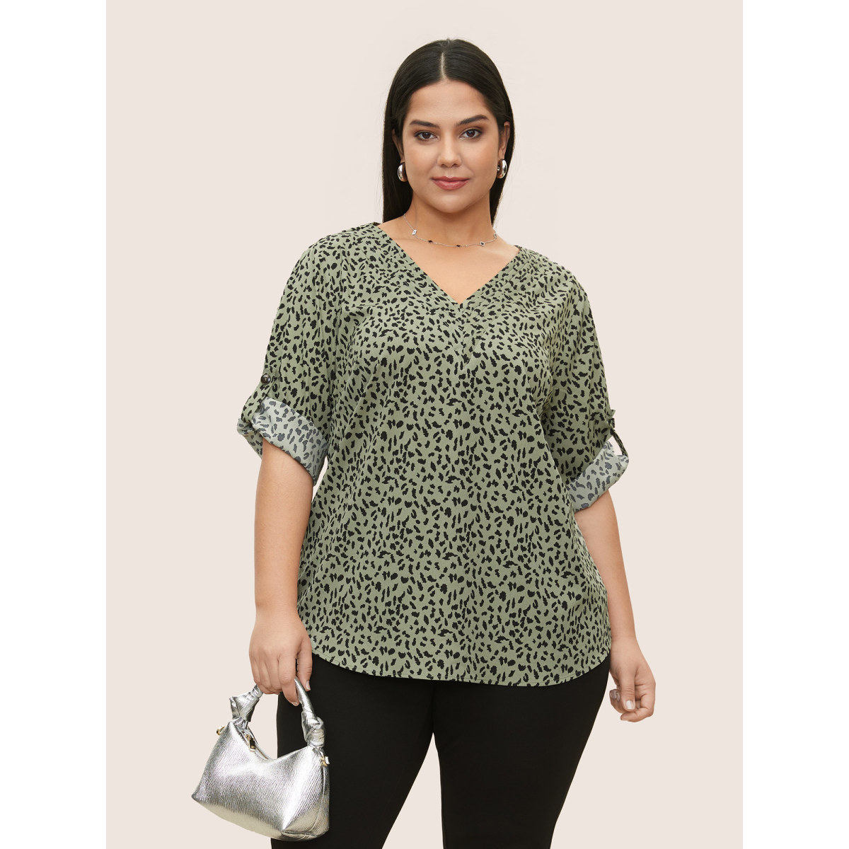 

Plus Size ArmyGreen Leopard Print Pleated Tab Sleeve Blouse Women At the Office Elbow-length sleeve V-neck Work Blouses BloomChic