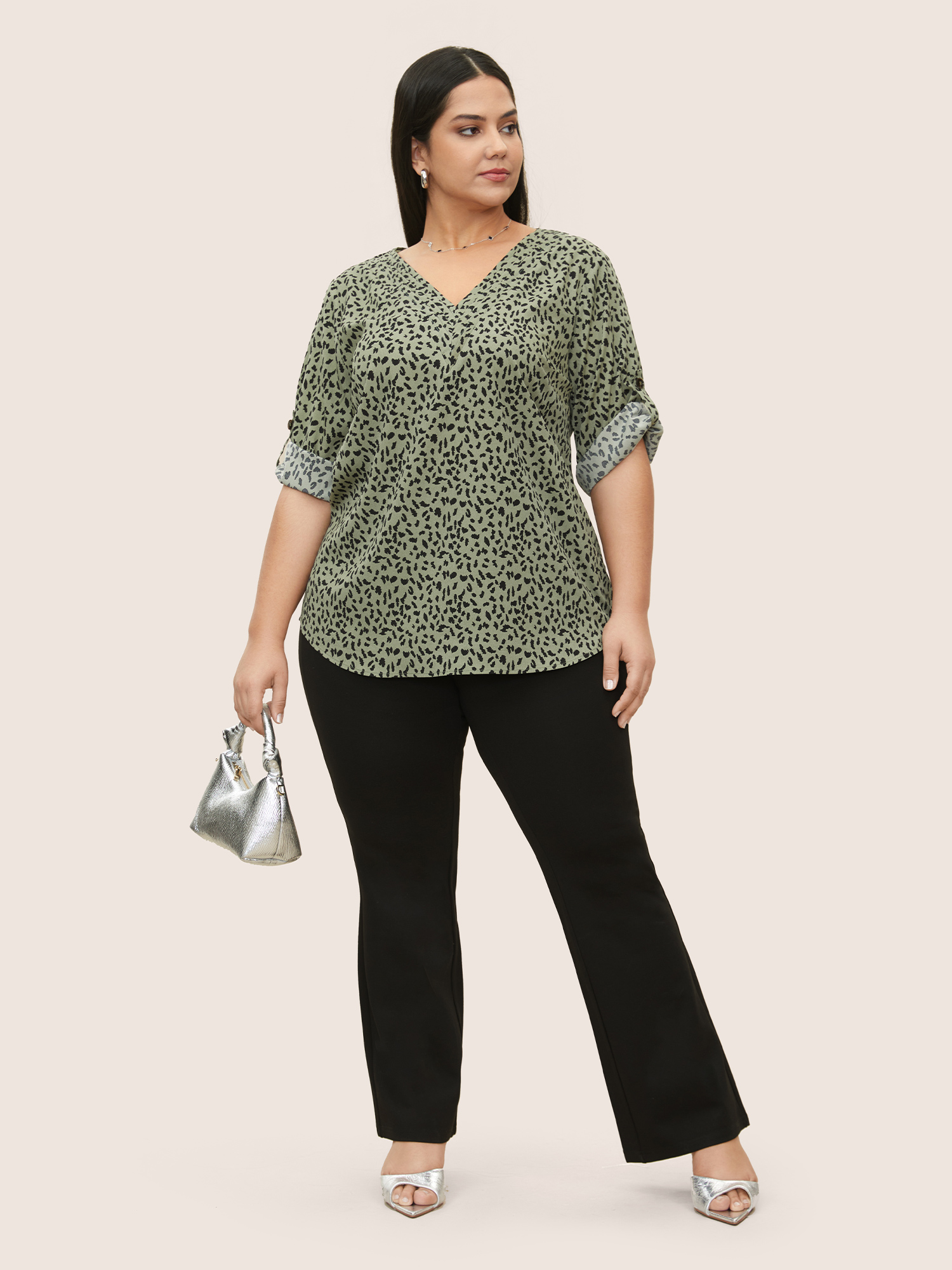 Plus Size ArmyGreen Leopard Print Pleated Tab Sleeve Blouse Women At the Office Elbow-length sleeve V-neck Work Blouses BloomChic 26/4X 