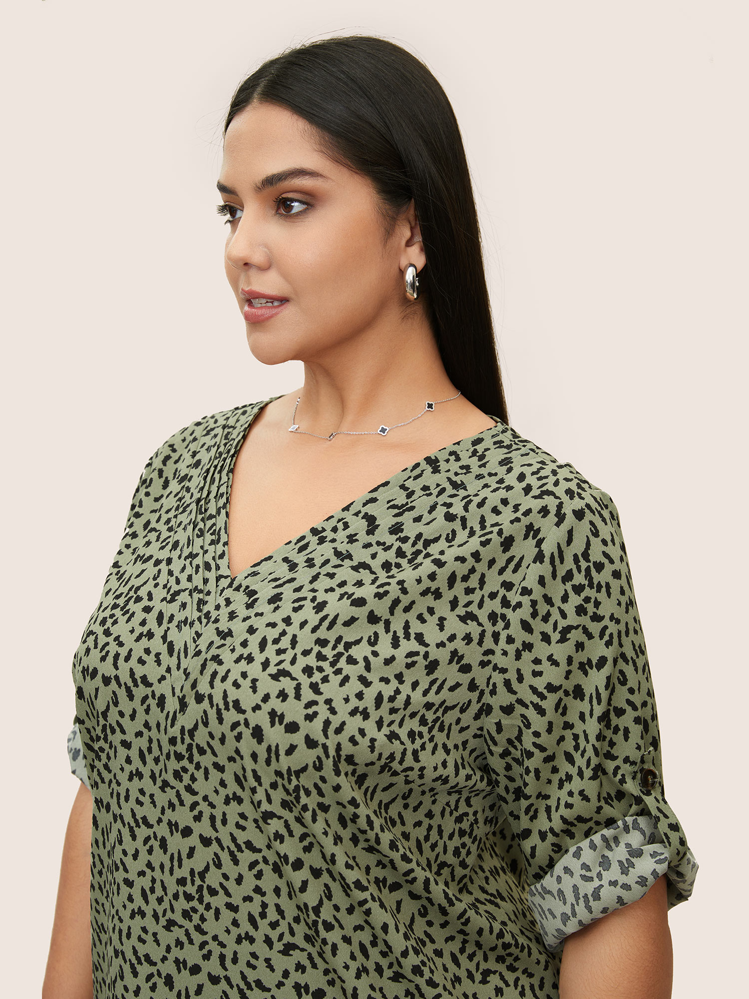 Plus Size ArmyGreen Leopard Print Pleated Tab Sleeve Blouse Women At the Office Elbow-length sleeve V-neck Work Blouses BloomChic 26/4X 