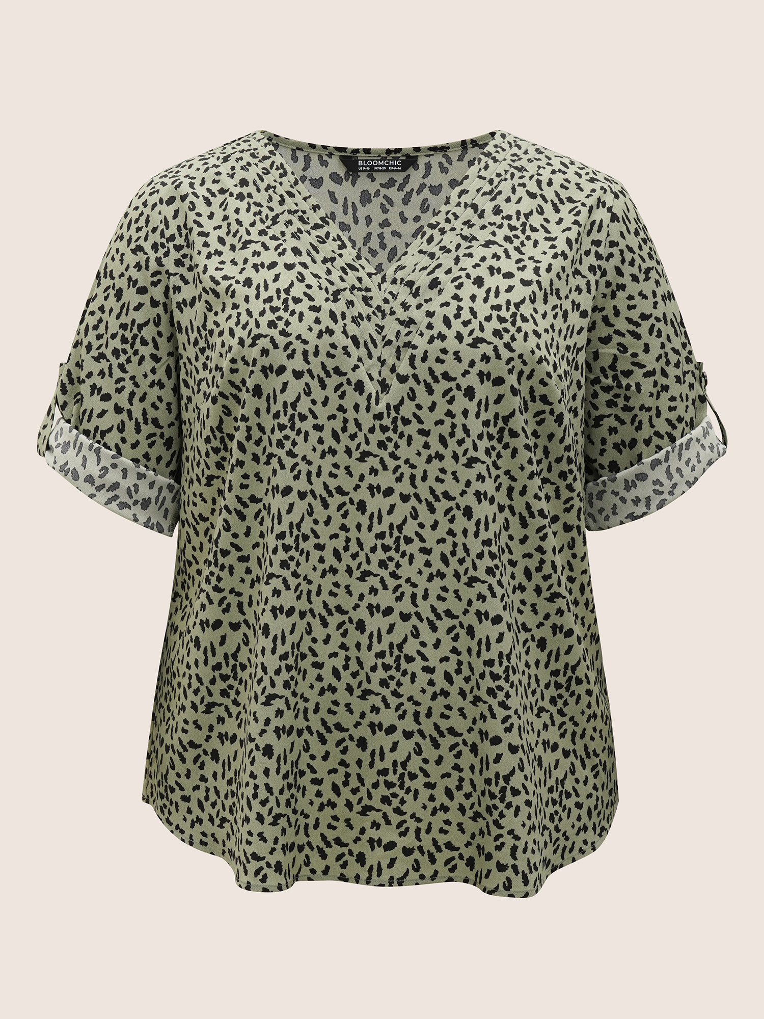 Plus Size ArmyGreen Leopard Print Pleated Tab Sleeve Blouse Women At the Office Elbow-length sleeve V-neck Work Blouses BloomChic 26/4X 