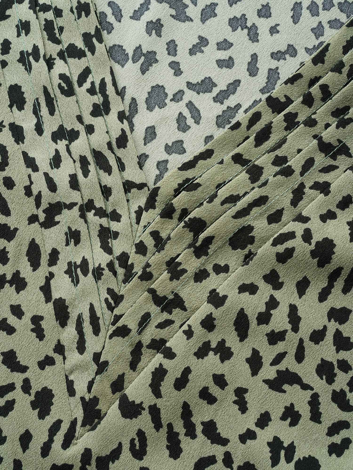 Plus Size ArmyGreen Leopard Print Pleated Tab Sleeve Blouse Women At the Office Elbow-length sleeve V-neck Work Blouses BloomChic 26/4X 