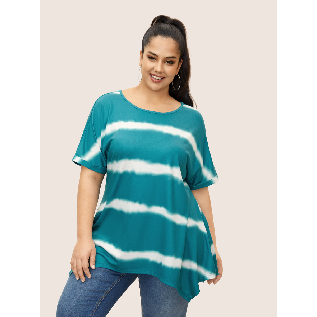 

Plus Size Round Neck Gradient Dyeing Cuffed Sleeve T-shirt Teal Women Casual Contrast Round Neck Everyday T-shirts BloomChic