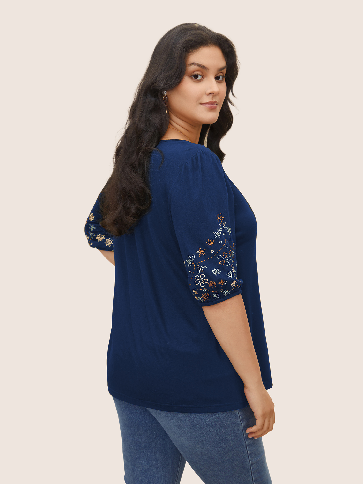 

Plus Size Floral Embroidered Crew Neck Puff Sleeve T-shirt Indigo Women Elegant Embroidered Round Neck Everyday T-shirts BloomChic