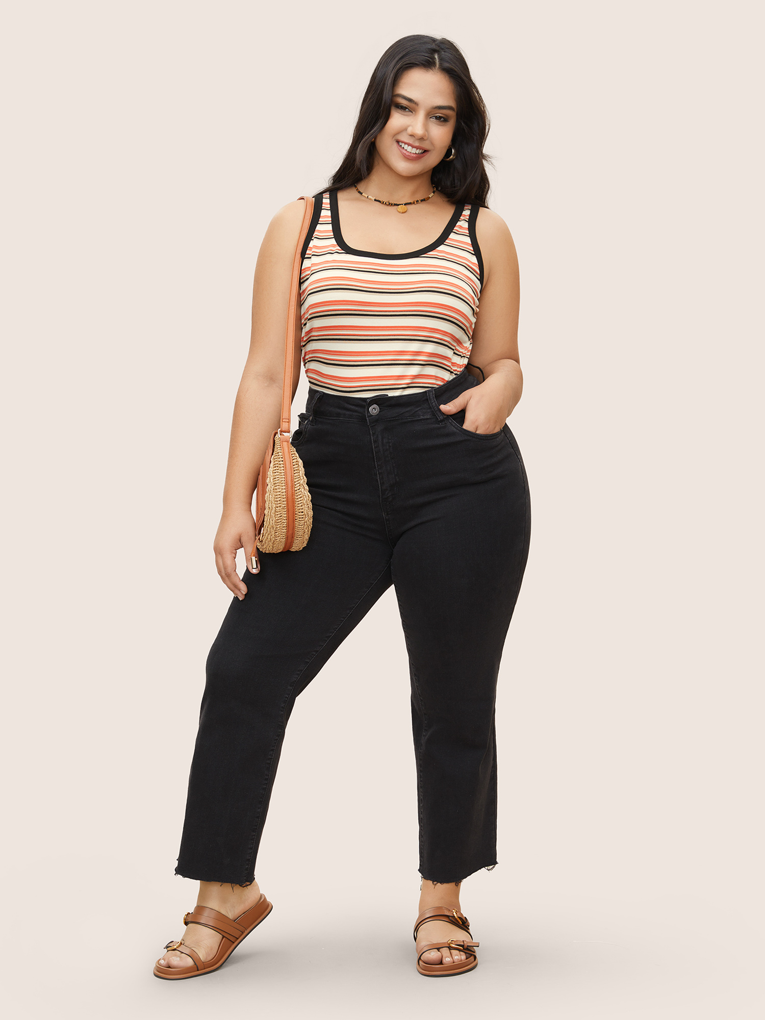 Plus Size Stripes Print U Neck Contrast Trim Tank Top Women Multicolor Resort U-neck Vacation Tank Tops Camis BloomChic 10/M 