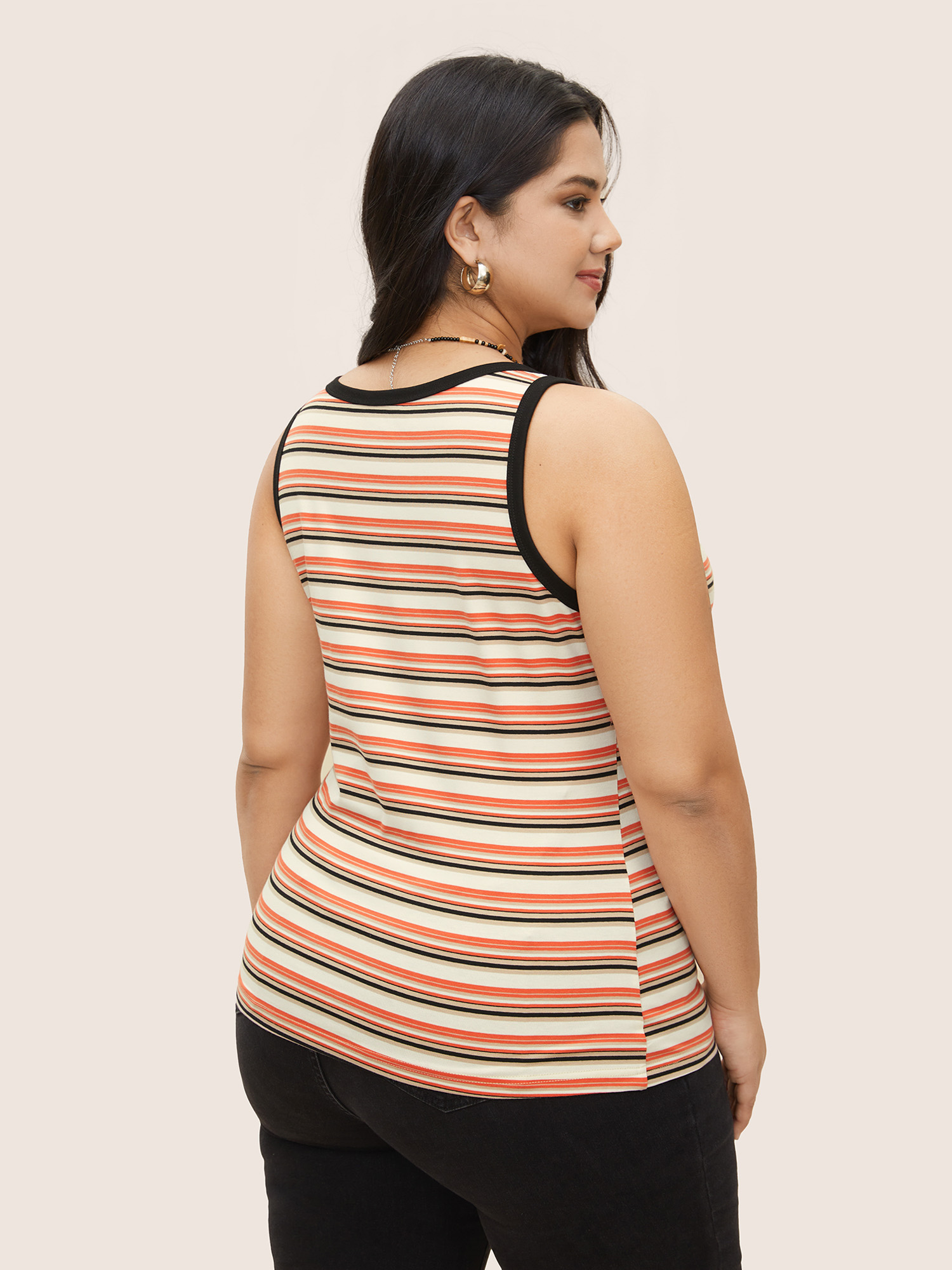 Plus Size Stripes Print U Neck Contrast Trim Tank Top Women Multicolor Resort U-neck Vacation Tank Tops Camis BloomChic 10/M 